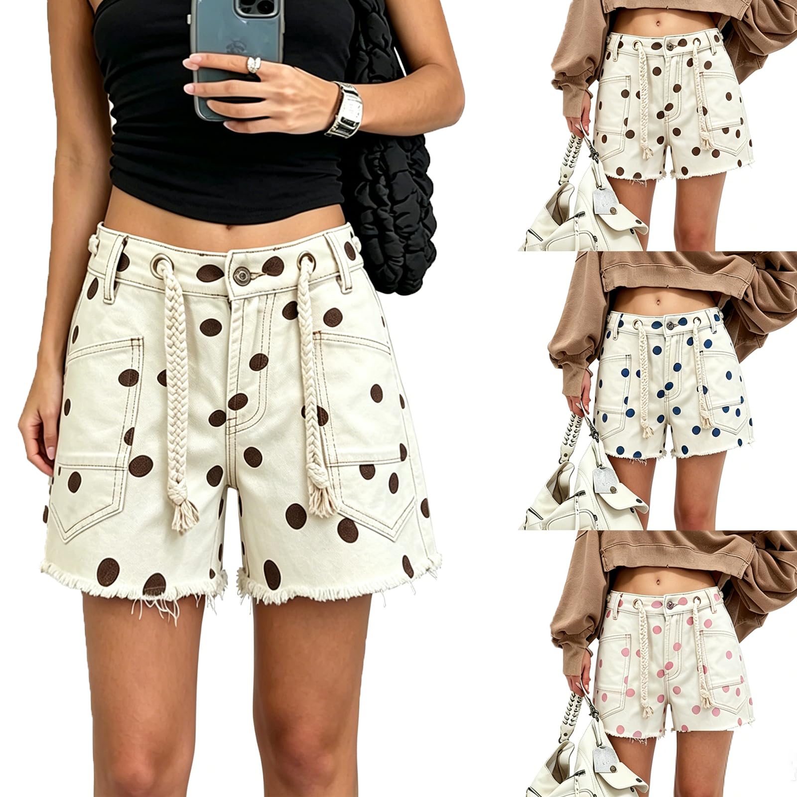 Short en jean à pois femme décontracté avec poches et taille mi-haute chic - 8
