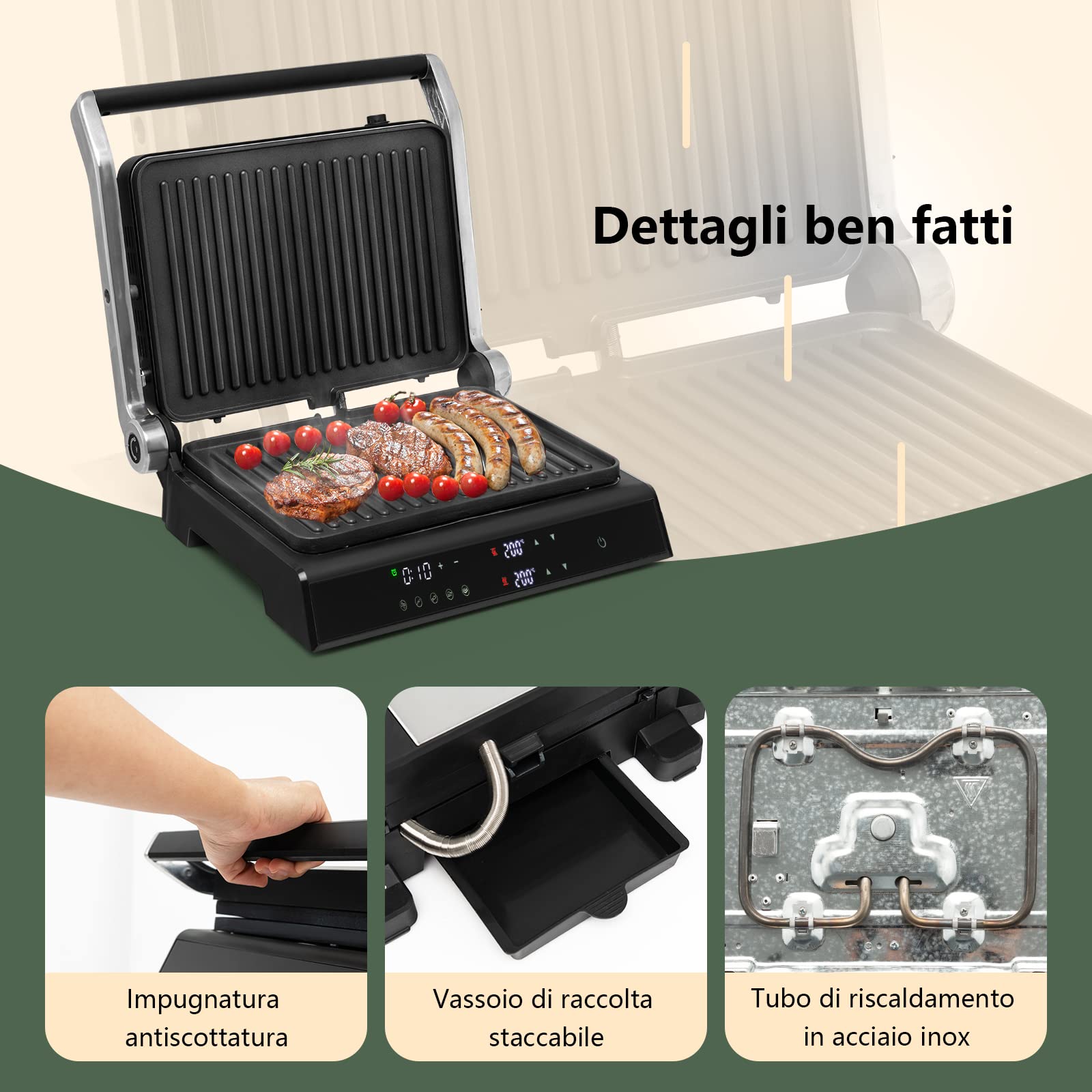 RELAX4LIFE Piastra Elettrica 2000W, Bistecchiera Elettrica con Piastre Antiaderenti e Rimovibili, 5 Modalità Automatiche, Cottura Bifacciali 90° a 230°, Timer 0-4 H, per Panini e BBQ