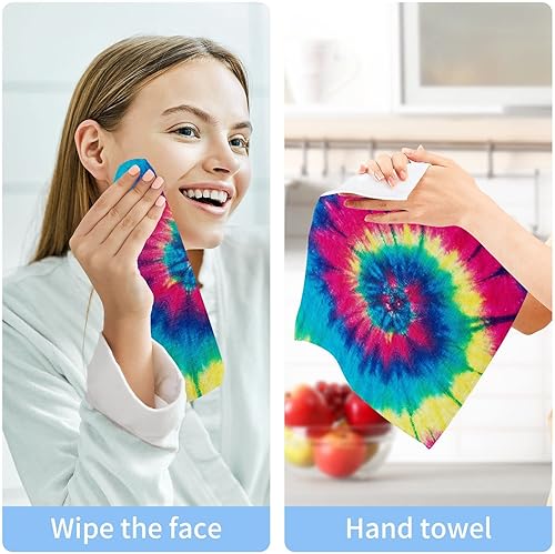 Miniatura 8 de Toallas de baño de algodón suave con diseño de arco iris, teñido anudado, degradado, 2 toallas para los dedos, paños absorbentes de secado rápido,