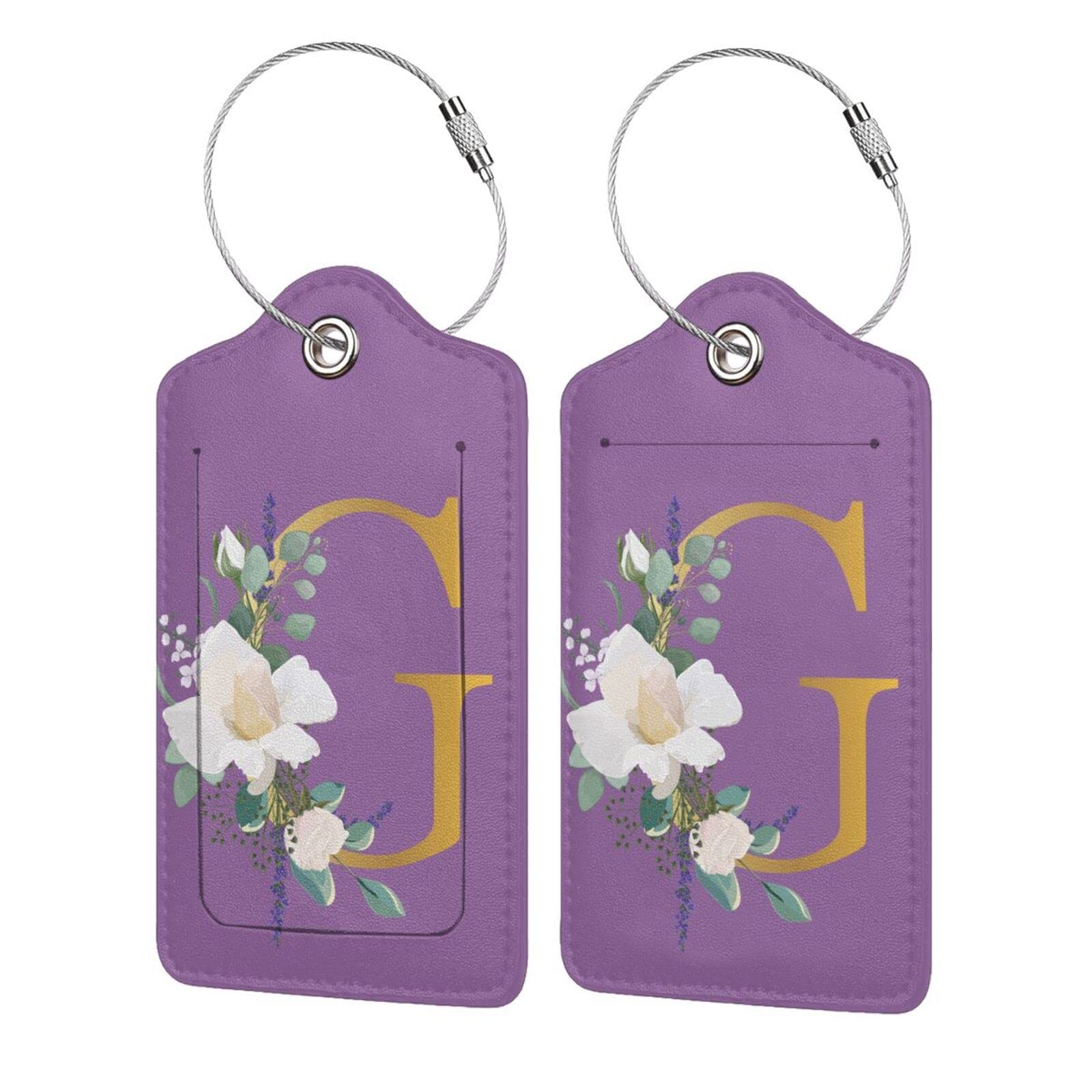 2 PCS Flower Lette G Luggage Tag for Suitcases Leather Travel Cruise Luggage Tags with Stainless Steel Loop Privacy Cover Id Label Suitcase Tags
