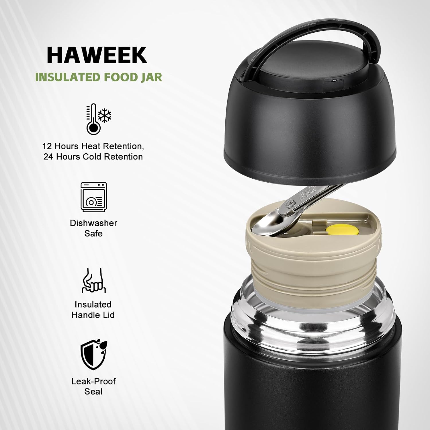 17oz Insulated Food Jar with Spoon,Stainless Steel,Pure Black image 3