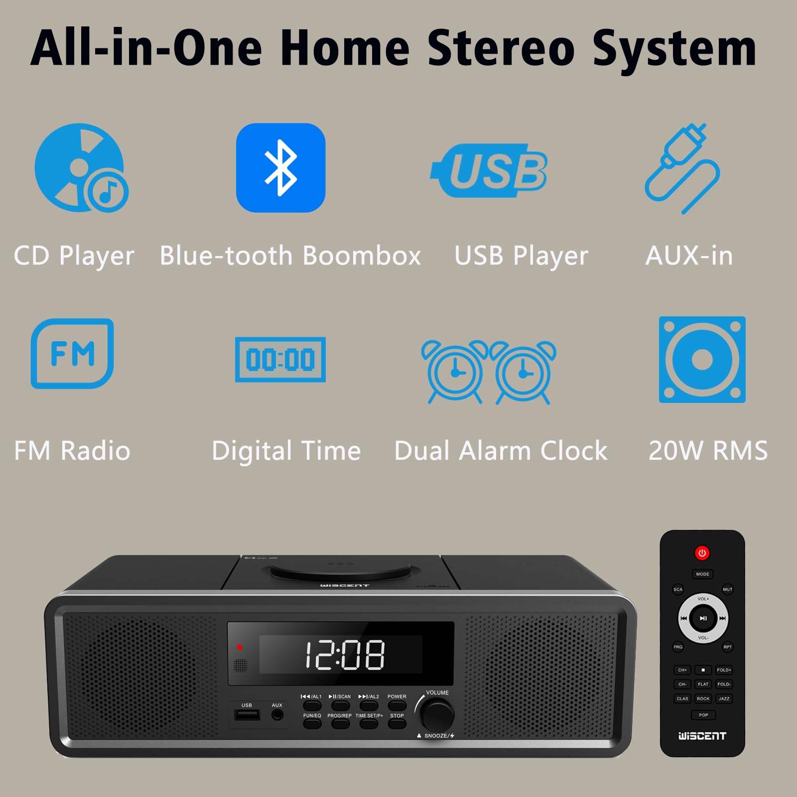 Sistema estéreo compacto para el hogar, reproductor de CD con Bluetooth, radio FM, entrada auxiliar, reproducción USB, reloj digital, doble alarma, reproductor de CD para el hogar