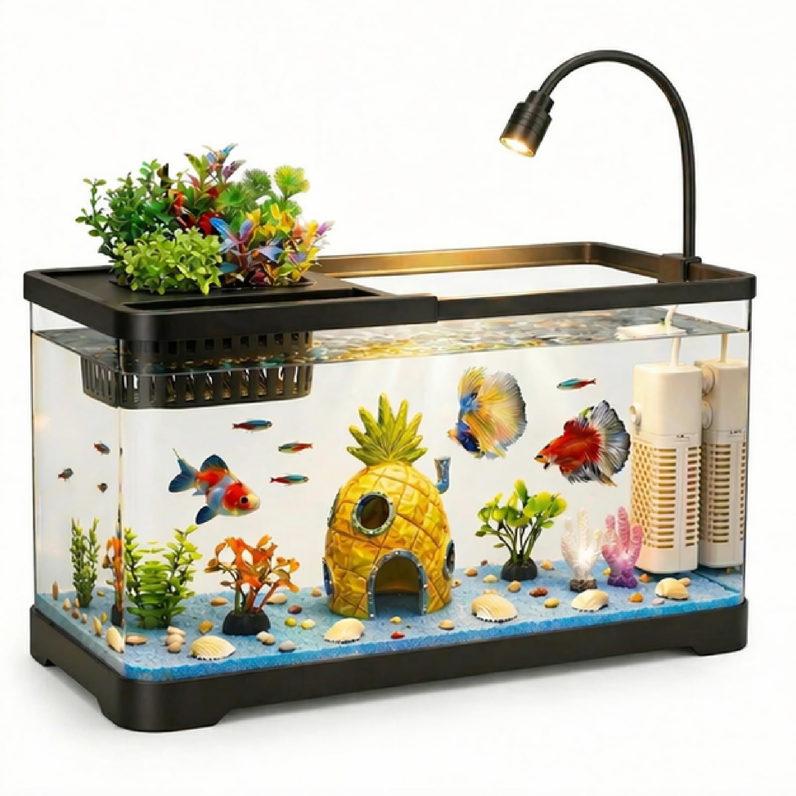 Kit de iniciación de acuario de pecera de 4 galones con filtro y luz, todo en uno, pequeño tanque de peces para Betta, niños y escritorio, nano acuario autolimpiante con tapa (negro mediano