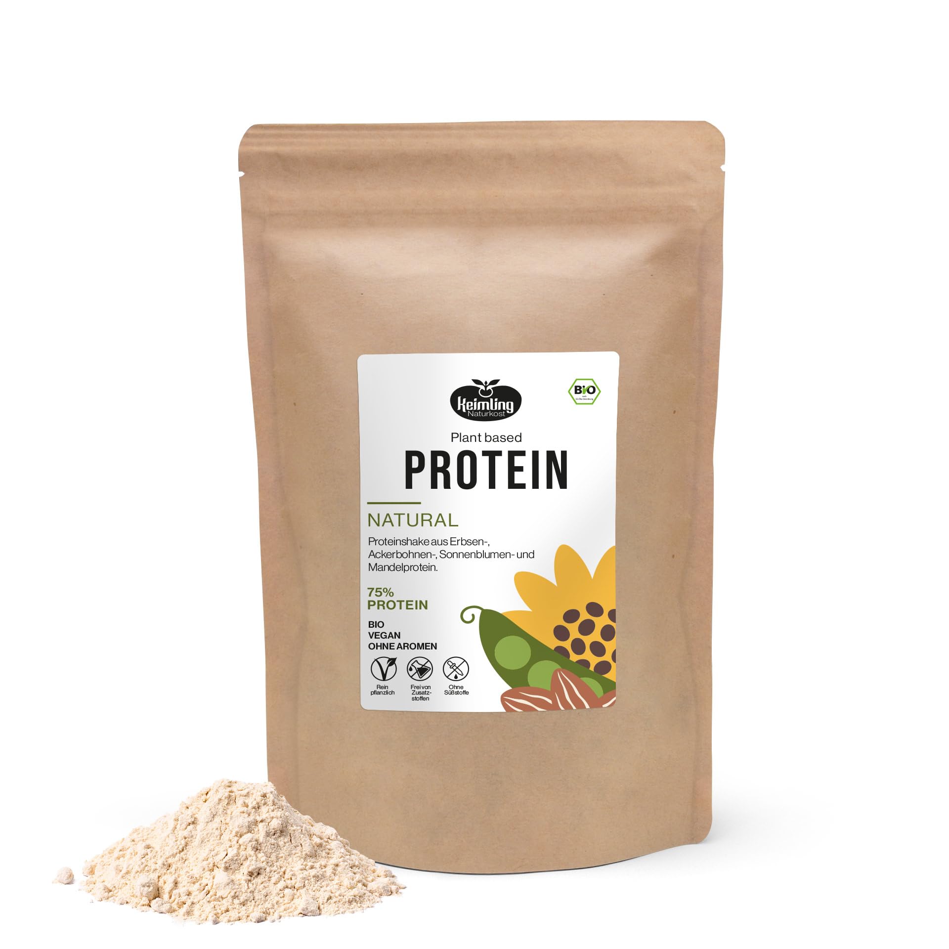 Keimling Bio Proteinpulver Natural 1000 g – 100% natürliches veganes Proteinpulver mit 75% Protein – Erbsen-, Ackerbohnen-, Sonnenblumen- & Mandelprotein – ohne Zuckerzusatz & künstliche Aromen