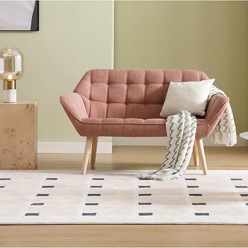 Miniatura 27 de Sofá biplaza pequeño de 48 pulgadas, moderno sofá de tela de lino de 2 plazas con respaldos acolchados y patas de madera para sala de estar, Lino