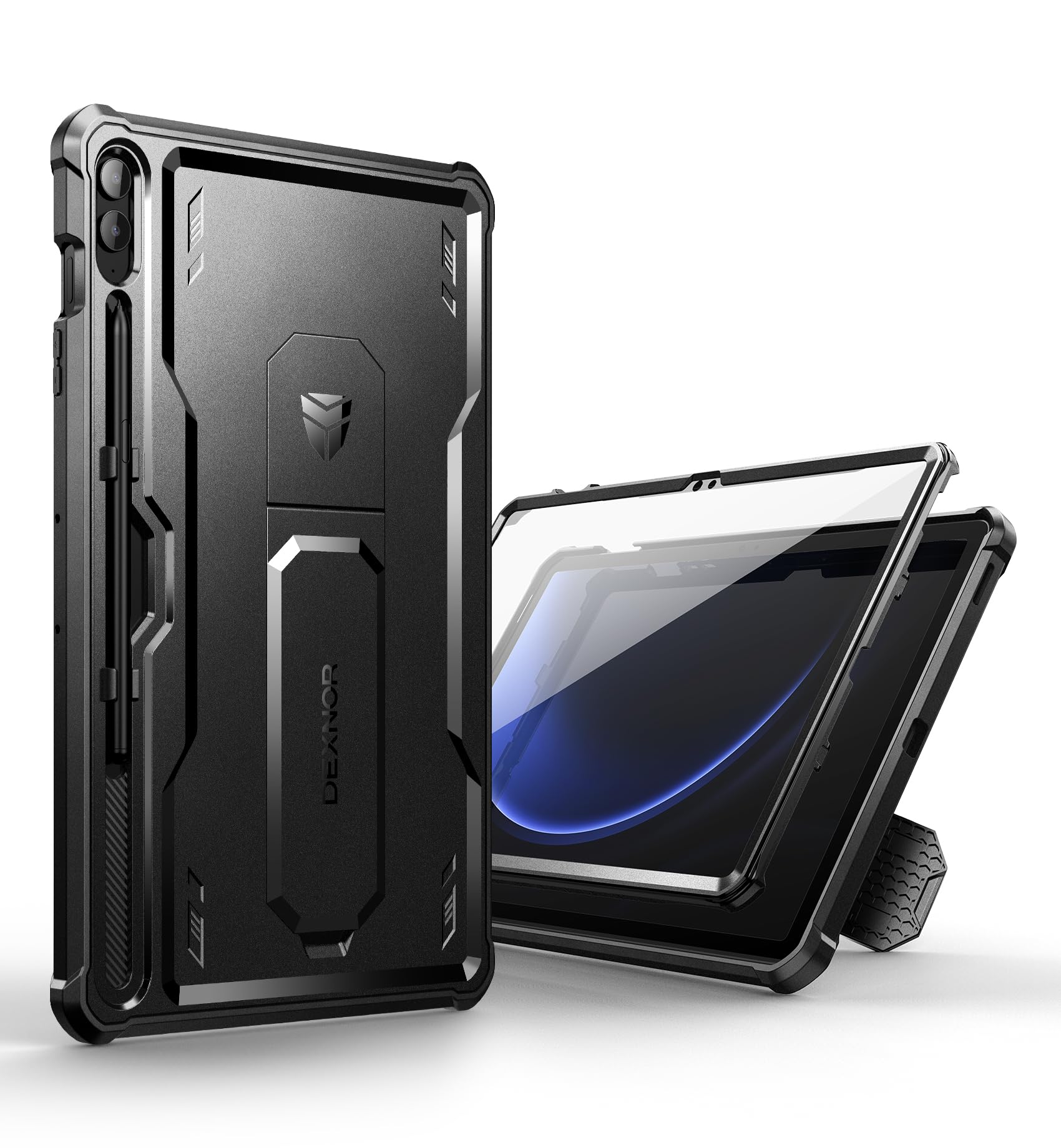 Dexnor for Samsung Galaxy Tab S9 FE+ Case, [Built in Screen Protector and Kickstand] Heavy Duty Military Grade Protection Shockproof Protective Cover - Black