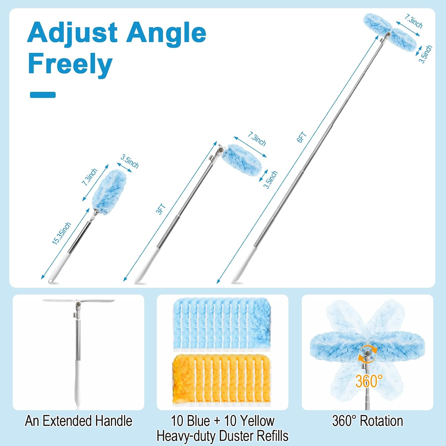 6 ft Extendable Duster Handle with 20 Refills, Duster with Extension Pole, Disposable Microfiber Dusting Pads for Home Cleaning,High Ceiling, Fan, Window, Hard-to-Reach Areas