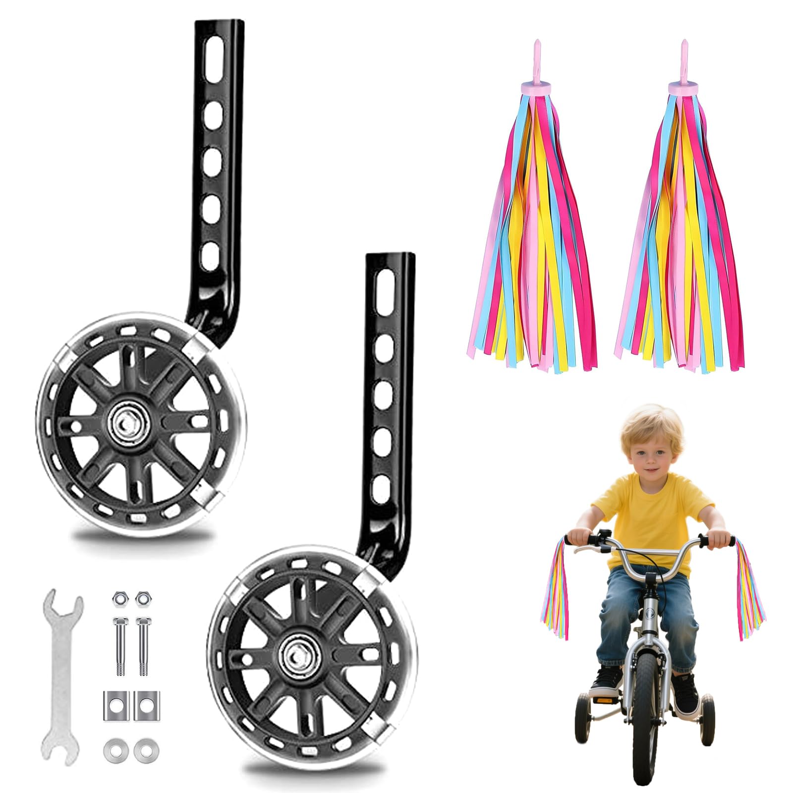 Stabilisateur de vélo universel lumineux pour enfants et débutants - Roues stabilisatrices pour vélos 12 14 16 18 20 pouces avec fixation métallique et pneus en caoutchouc durable
