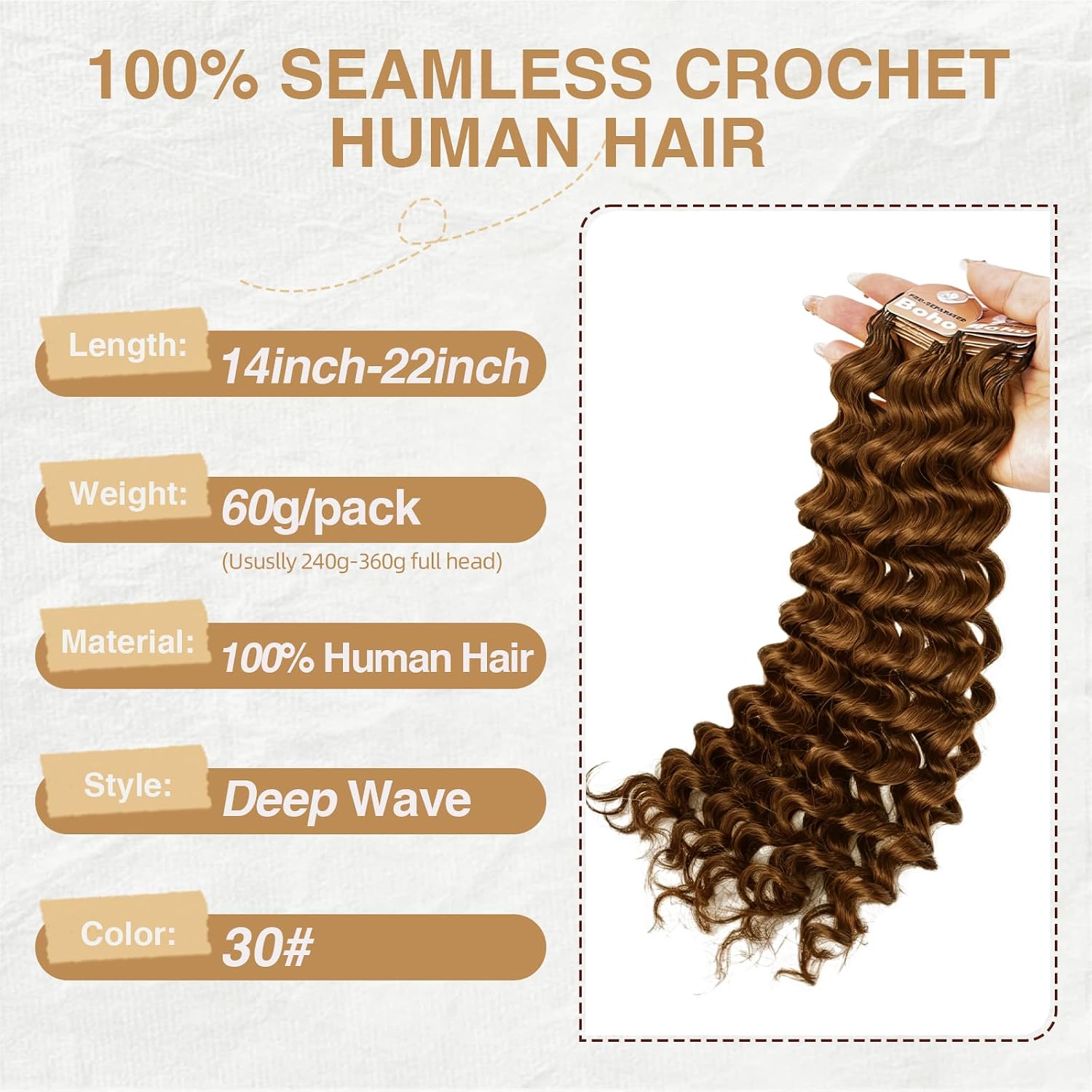 Human Crochet Hair for Black Women 18inch 60g Pre Separated 50 Strands Deep Wave Feather Crochet Human Hair Extensions 30# Light Auburn Invisible Miracle Knots Boho Crochet Bundles