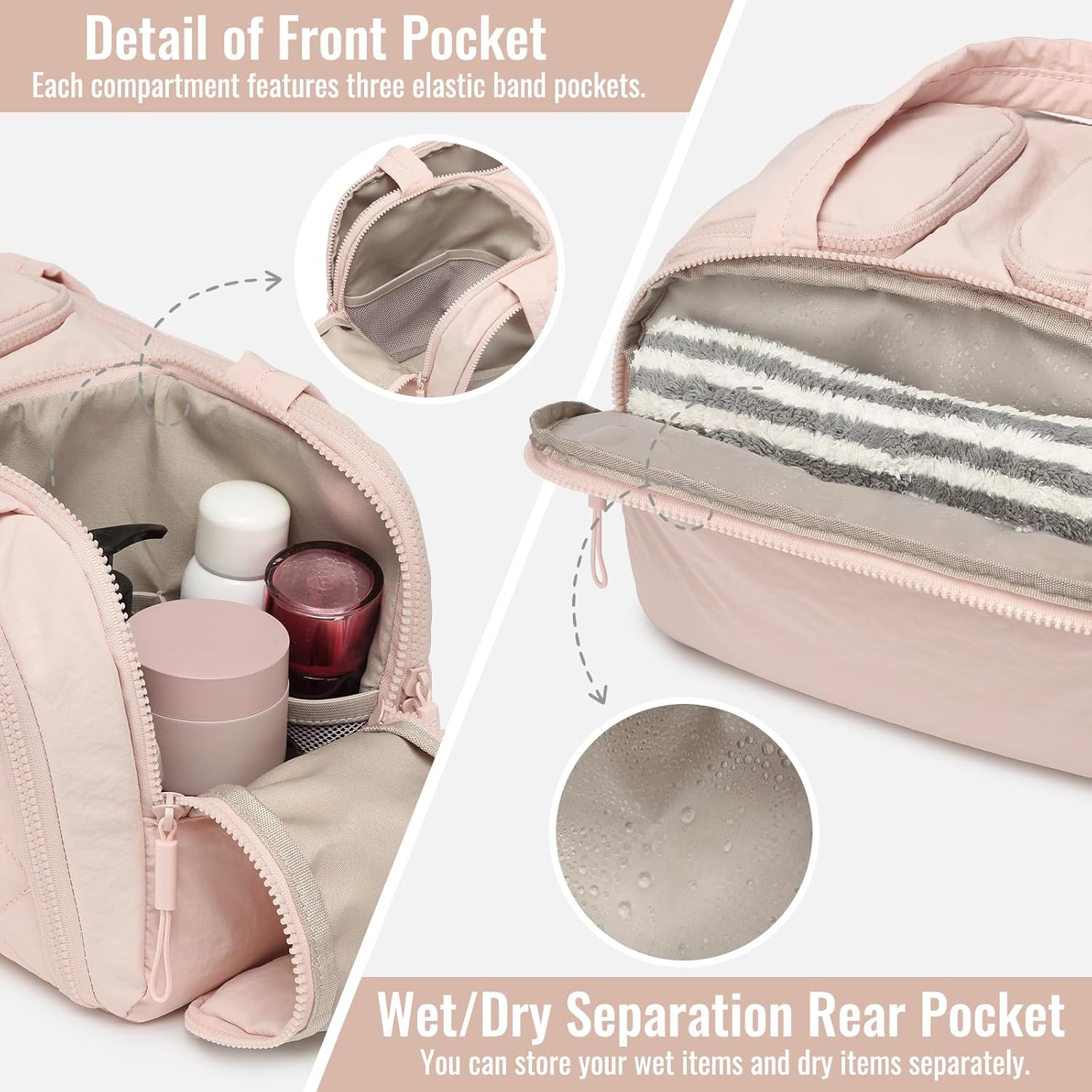 Travel Toiletry Bag, Large Quilted Cosmetic Organizer with Water-Resistant PVC & Mesh Pockets, Makeup Bag for Weekend Trip and Business Travel Essentials (Pink)