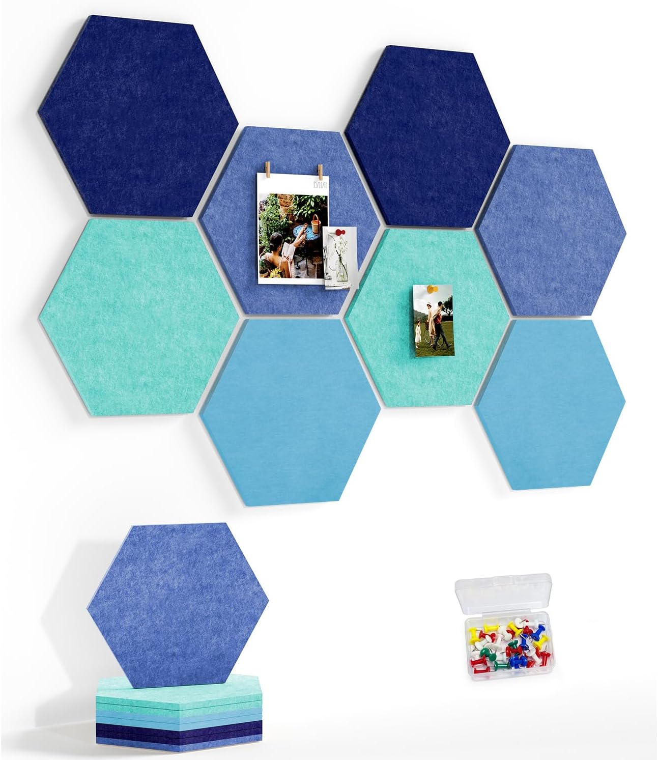8 Pack Hexagon Felt Bulletin Board Tiles - 12" Large Thick Pin Board for Walls with 30 Push Pins, DIY Boards for Office Home School Decor, Aesthetic Hex Cork Board Alternative