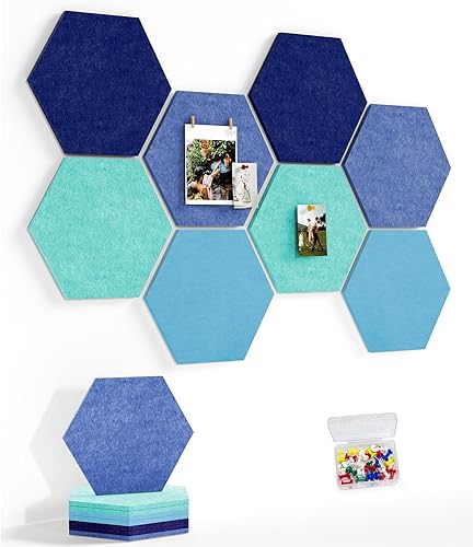 Miniatura 12 de Tablero de anuncios grande de 12 pulgadas con 30 pasadores, paquete de 8 tableros de anuncios de fieltro hexagonal para oficina en casa, azulejos