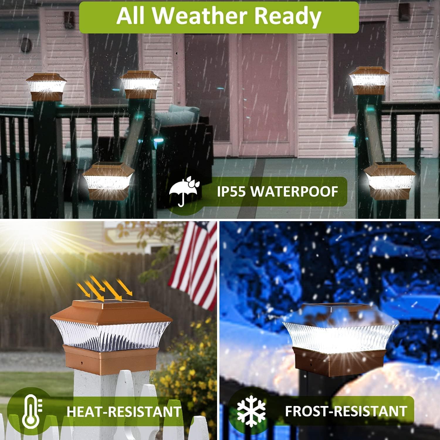 Set of 8 Copper Finish Color Solar Outdoor Post Cap Bright LED Lights for 4x4 PVC, Vinyl, or Plastic Post
