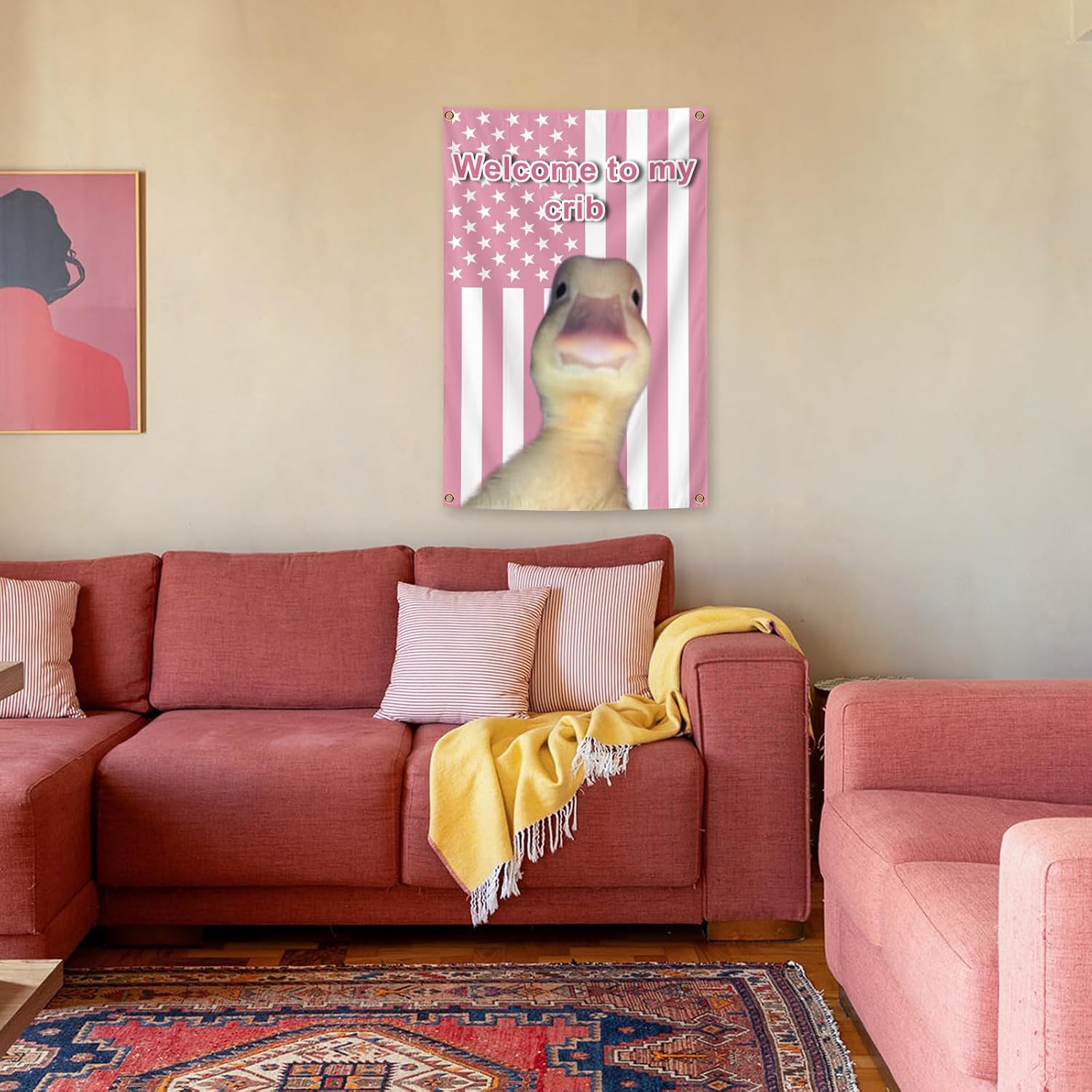 Welcome to My Crib Flag 2x3 Feet Funny Poster Durable Man Cave Wall Tapestry with Brass Grommets Flag for Bedroom College Dorm Room Decor,Outdoor,Parties (PINK)