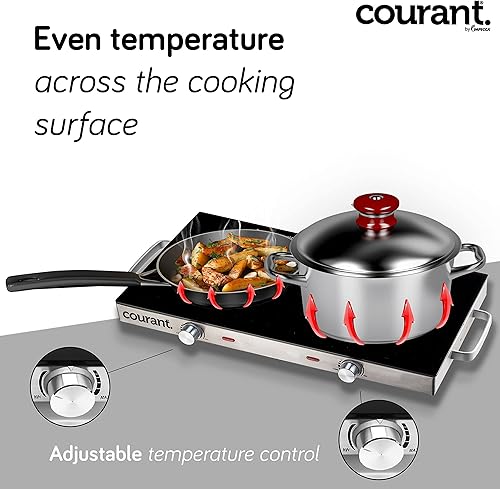 Miniatura 4 de Courant Quemador infrarrojo doble eléctrico, placa de cocción de placas de vidrio de cerámica, 1700W - Acero inoxidable
