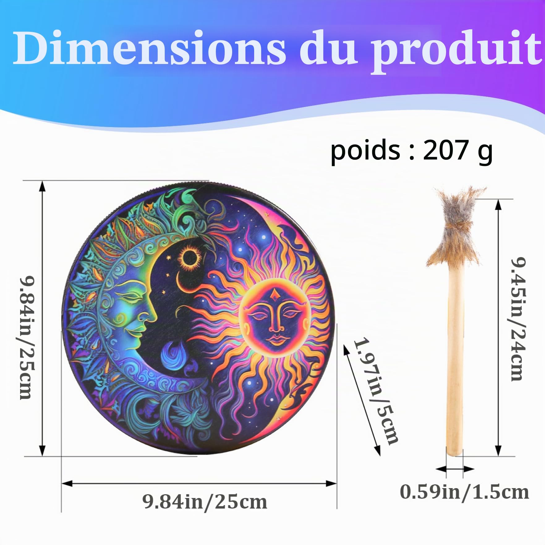 Tambour de buffle, 10 dans du tambour de chaman avec bâtons, motif soleil-lune, sonière chamanique