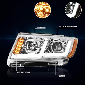 PM PERFORMOTOR L-Shape LED DRL Signal Projector Headlights Assembly Compatible with Grand Cherokee 11-13,Chrome Housing/Amber Corner