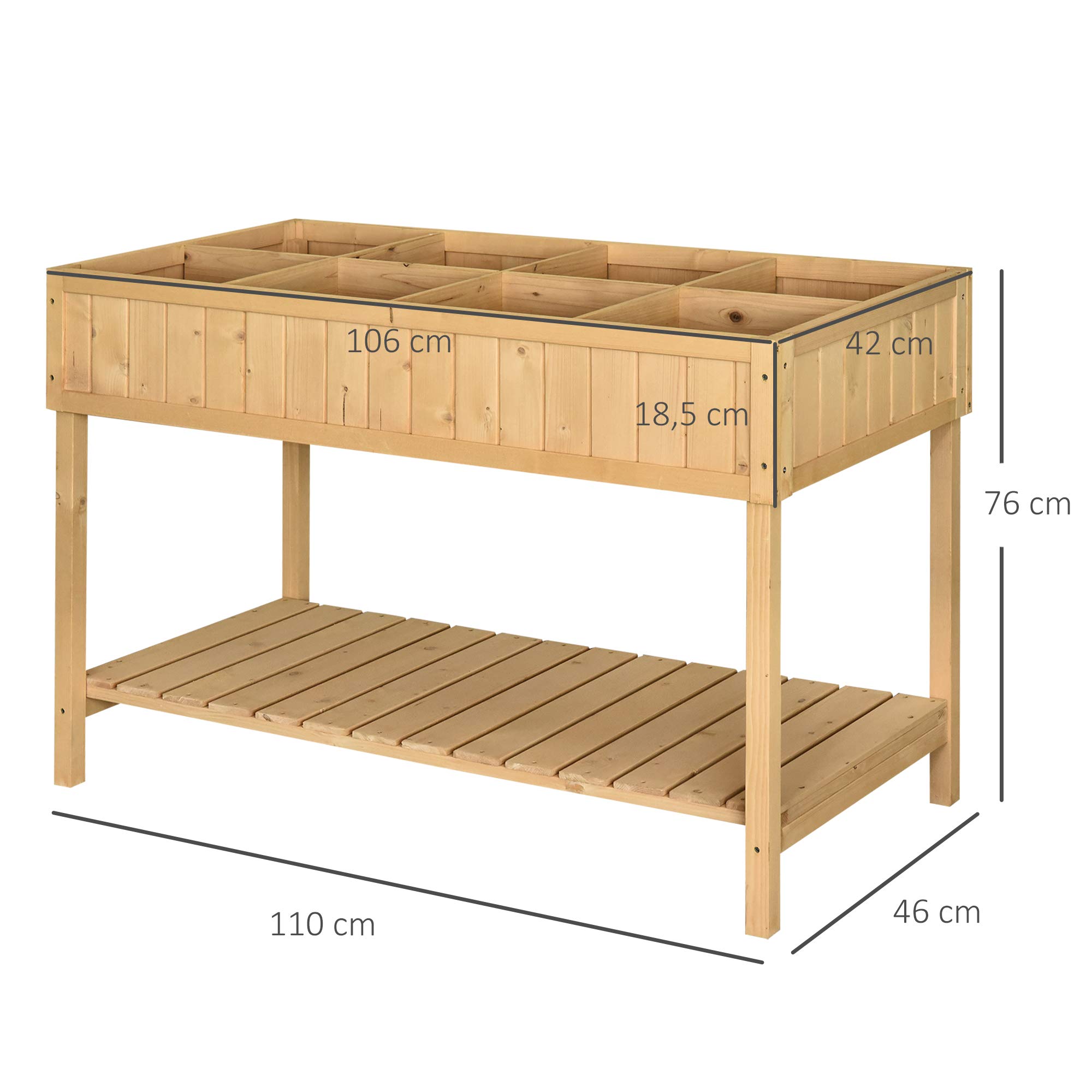 Outsunny Jardinière sur Pieds carré Potager avec étagère dim. 110L x 46l x 76H cm 8 Compartiments & Inserts d'irrigation Bois de Sapin
