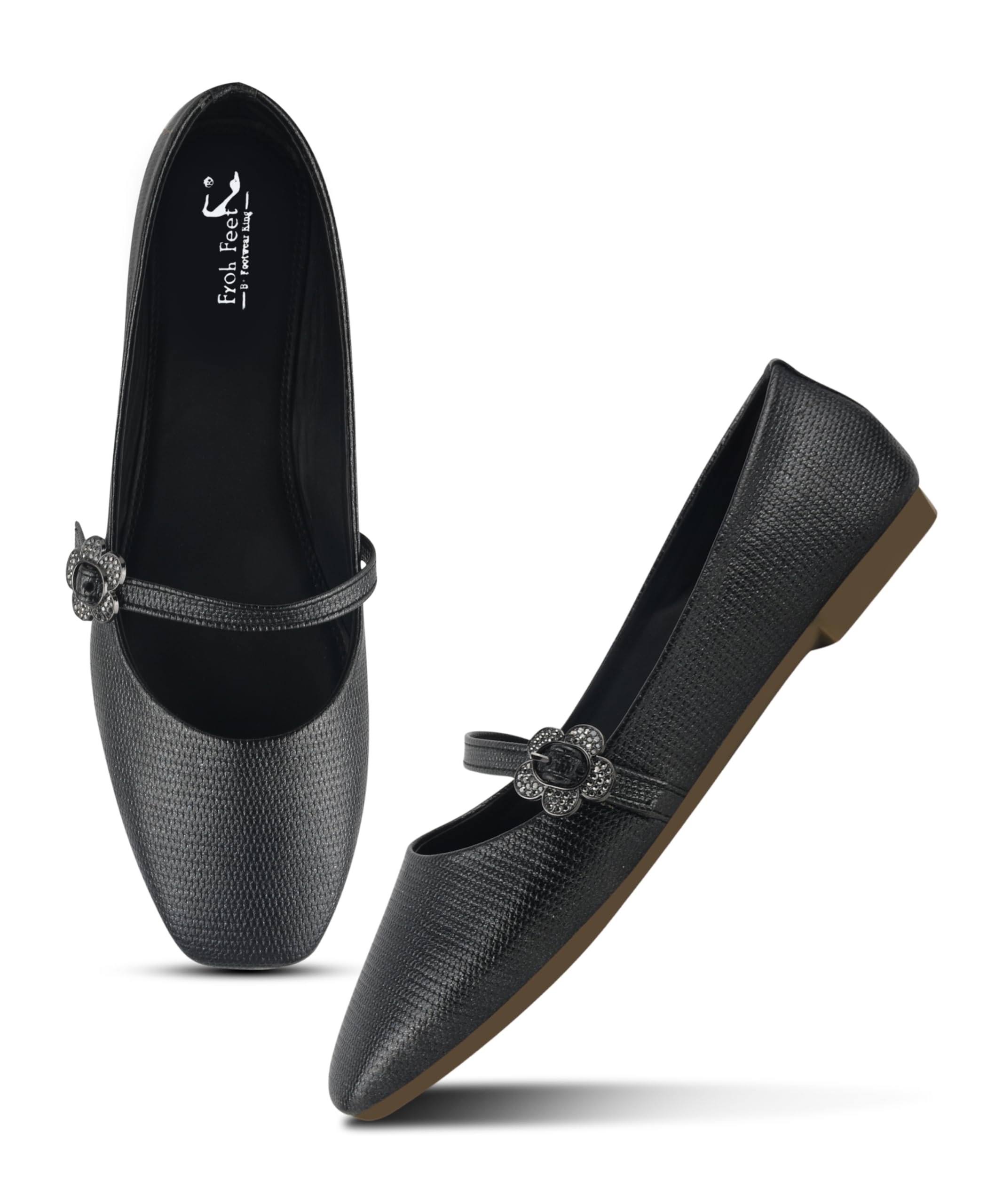 Froh Feet Women’s Elegant Textured Mary Jane Flats with Adjustable Strap and Sparkling Floral Buckle Embellishment Detail-image-10