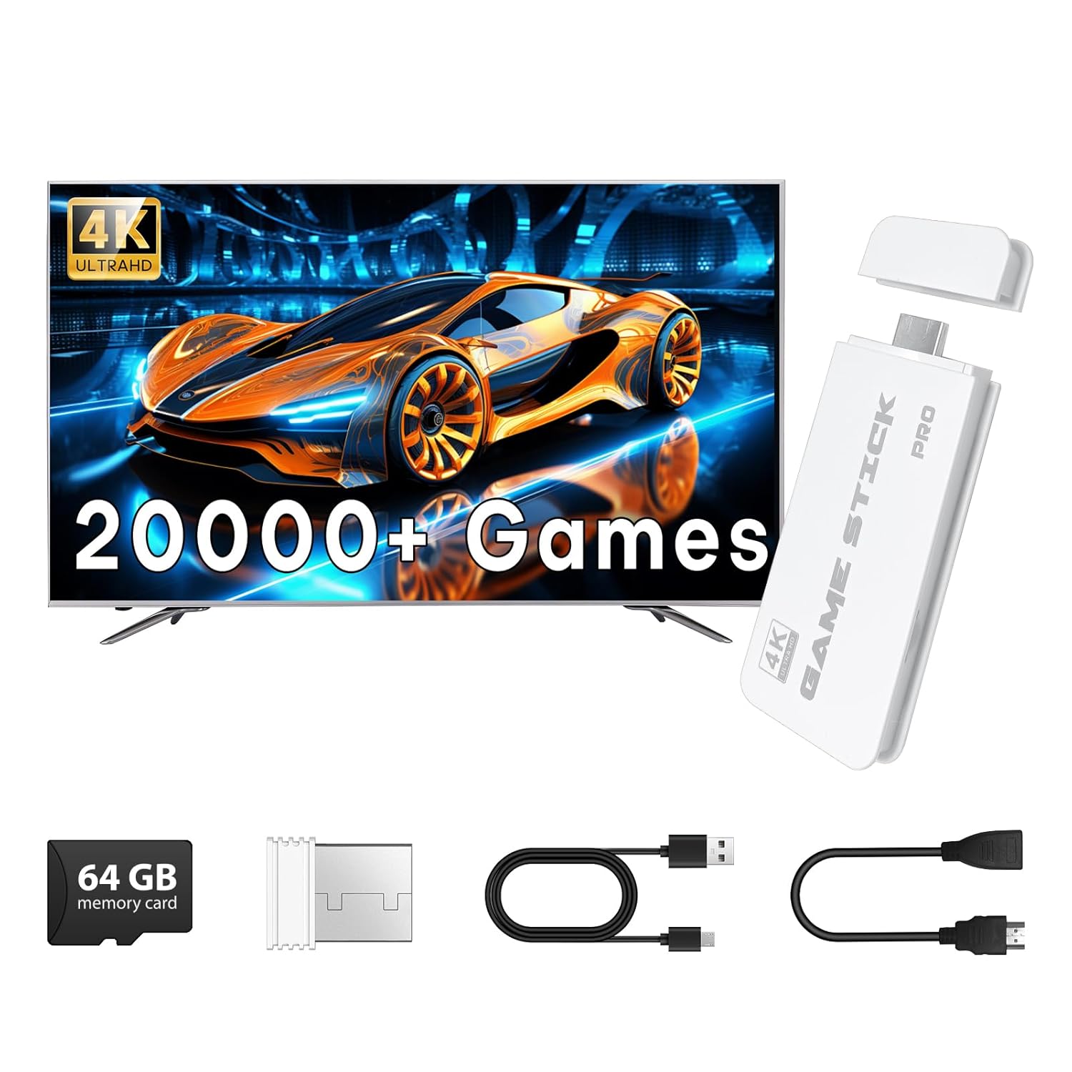 Retro Gaming Console Stick, Retro Game Stick with 4K HDMI, Plug & Play Video Game Console, Includes Dual 2.4G Wireless Controllers (64GB)