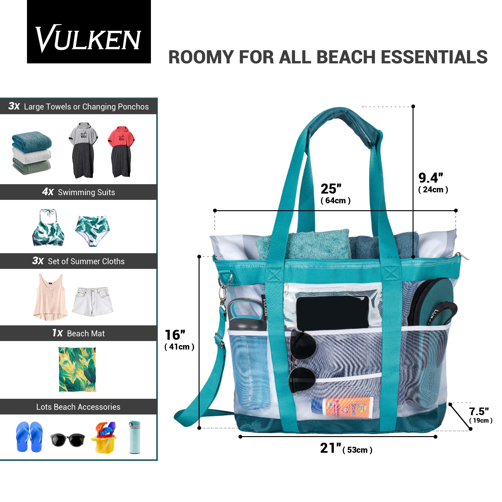 Vulken 42L Sac de plage extra large en maille 9 poches avec fermeture éclair sur le dessus