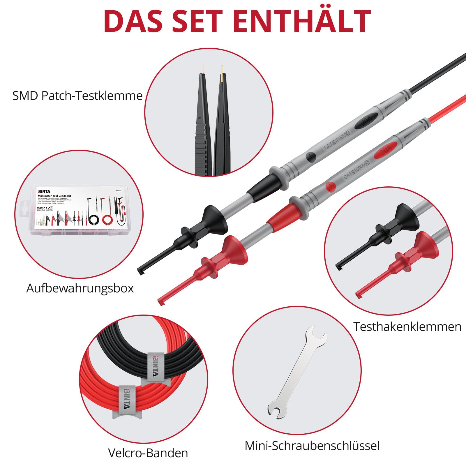 BINTA Multimeter Messleitungen Set 25-in-1 Elektro-Multimeter-Testkabel mit Krokodilklemmen, Testsonde, Federgreifer, Bananenstecker für Spannungskreistester