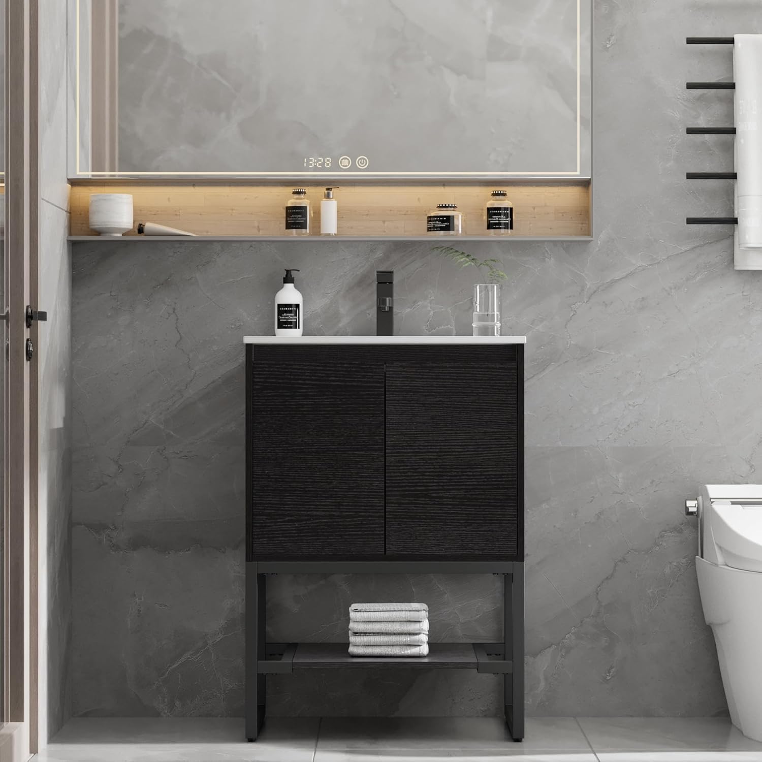 LUCKWIND 24" Bathroom Vanity with Sink Combo, Bathroom Storage Cabinet with Metal Frame, Matte Black Faucet, 1-Tier Open Shelf and 2 Soft-Closing Door, Black