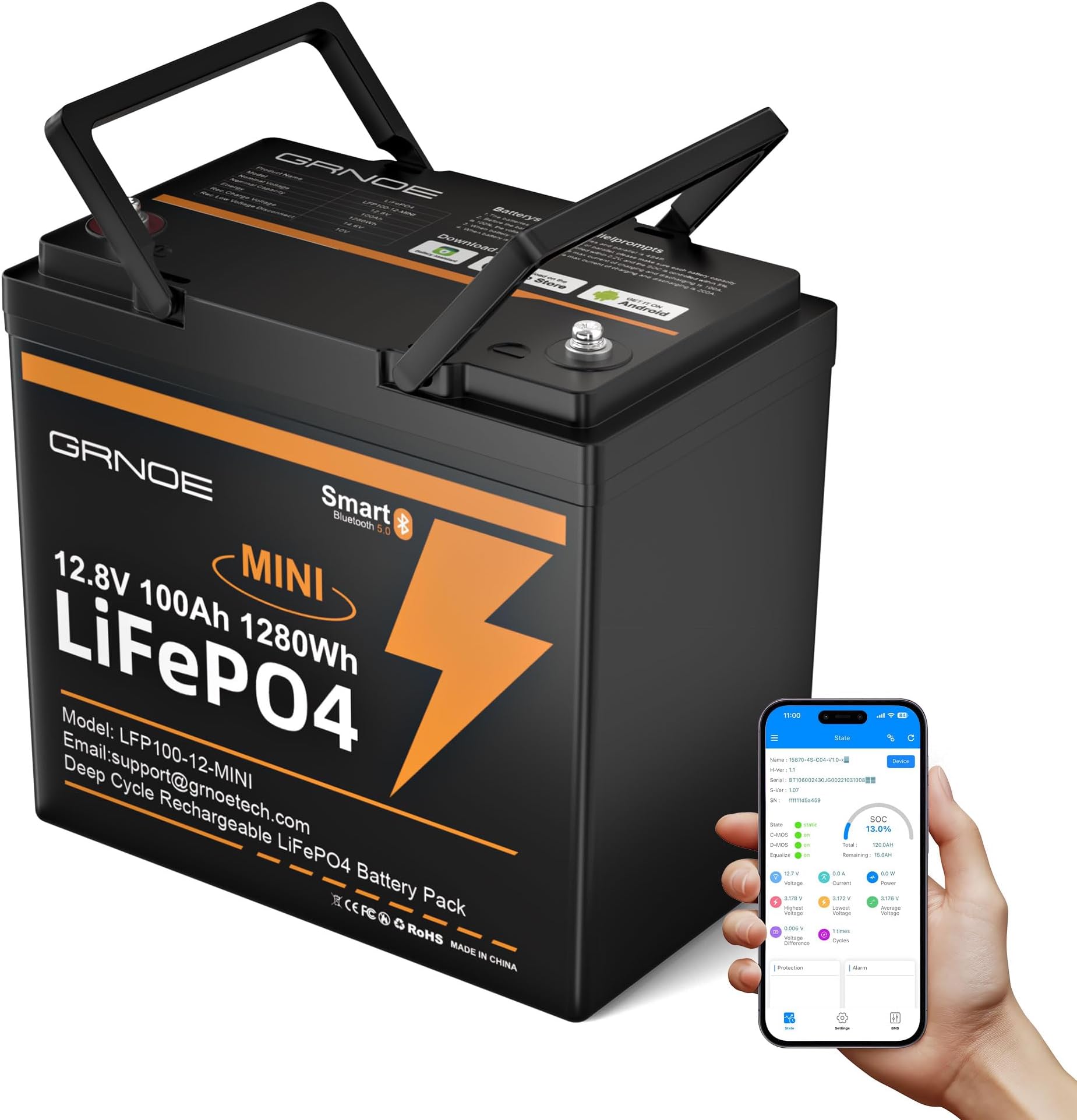 12V 100Ah Mini LiFePO4 Lithium Battery with Bluetooth, Smart BMS, 15000+ Deep Cycles, 20.9 lbs Lightweight, Compact Design for RV, Marine, Solar, Camping, Trolling Motor, Home Backup (M8 Terminals)