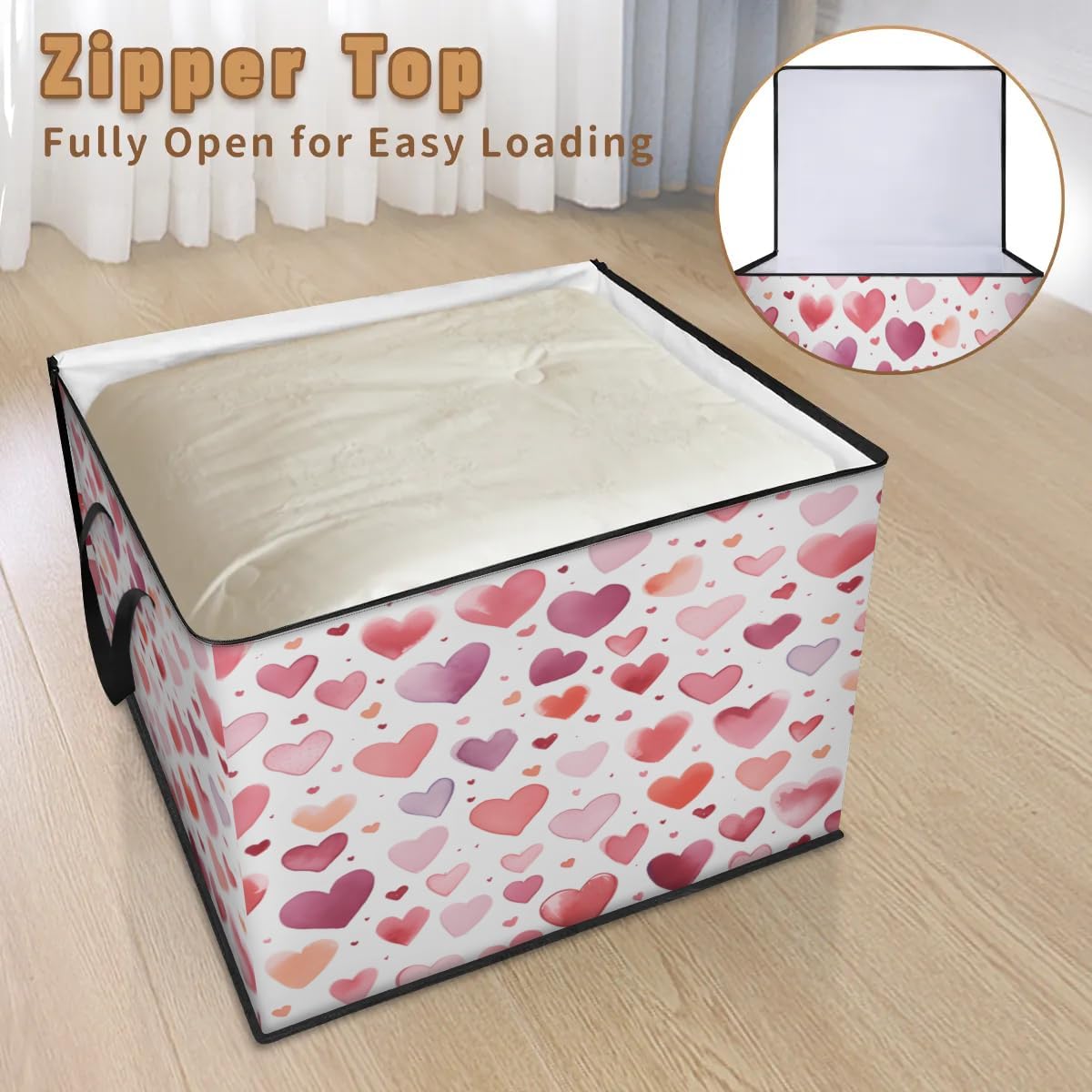 Honeybaby 214L Extra Large Comforter Storage Bag Pattern Day Valentines Storage Totes with Lids Waterproof Closet Organizer Folding Blanket Storage Bags for Clothes Bedding Pillows