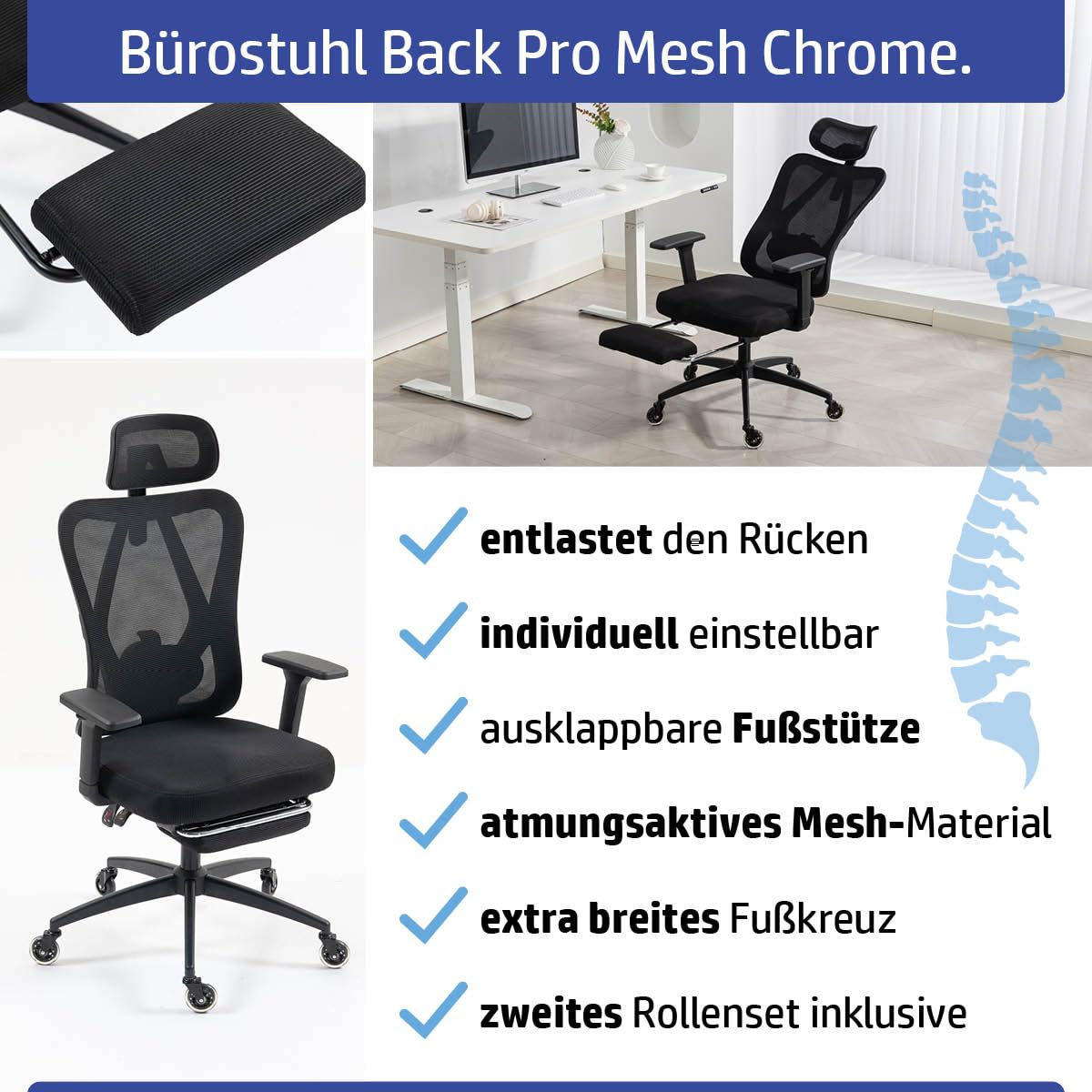Bürostuhl Schreibtischstuhl | verstellbare Armlehnen & Kopfteil | 6 Modelle | Ergonomisch | stufenlos verstellbare Lendenstütze | inkl. 2 Rollensets | bis 150kg | BackPro Polster-Schwarz