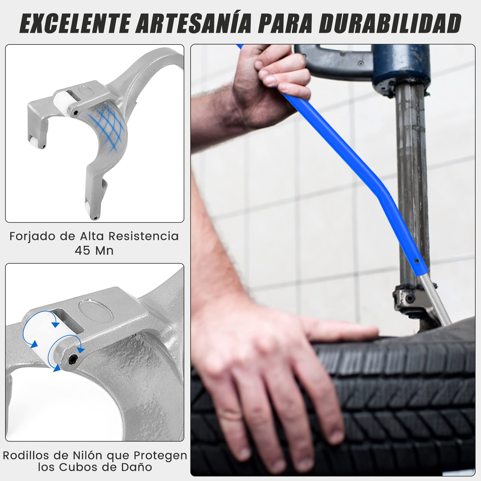 COSTWAY Herramienta para Montar y Desmontar Neumáticos, Cambiador de Neumáticos de 44 cm a 62 cm, Conjunto de 3 Herramientas Manuales para Cambiar Neumáticos con Retenedor de Cuentas (Plateado+Azul)