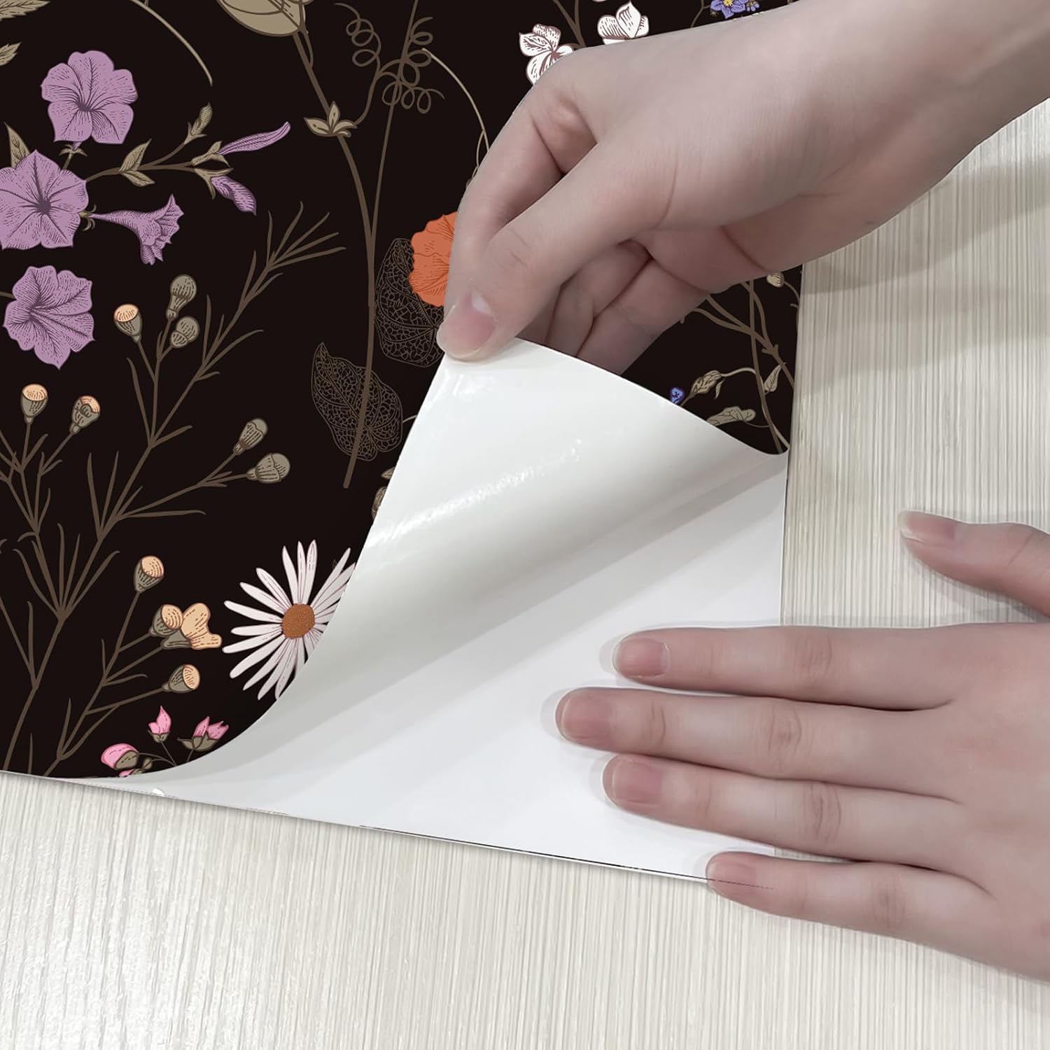 Adhesive Shelf Liner, Dresser Drawer Liner Textured Floral Contact Paper for Cabinets,Vinyl Film Decorative Drawer Liner for Bedroom Dresser Sticker (Black, 17.3 inch x 118 inch)