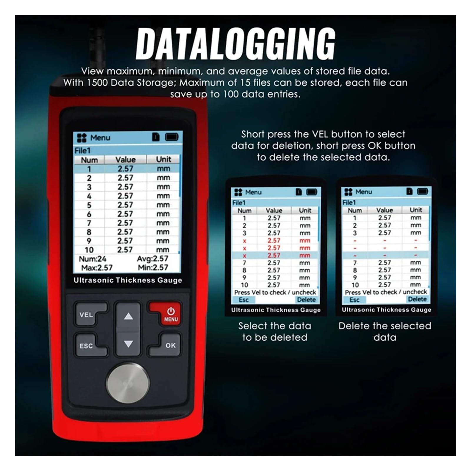 Medidor de espesor ultrasónico 1500 datos, 1,0-300 mm, ±0,5% precisión, con software for PC for medición soldaduras en tanques y tuberías Con calibración automática