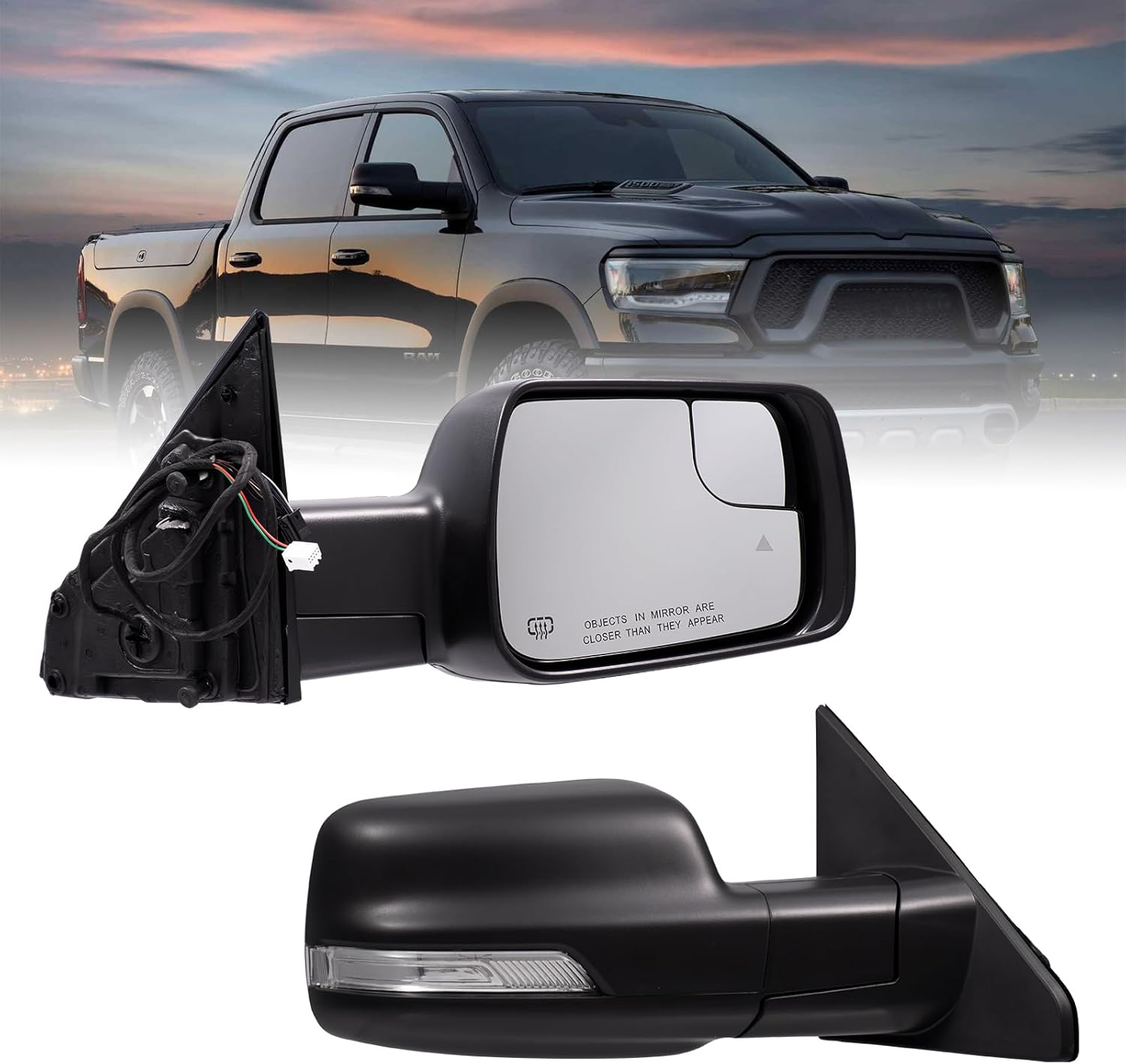 Side Mirror Fits For Ram 1500, Compatible With Ram 1500 Driver Side Mirror Replacement,Compatible With Ram 1500 Passenger Side Mirror Replacement (19-25(9+2pins) Black, Right)
