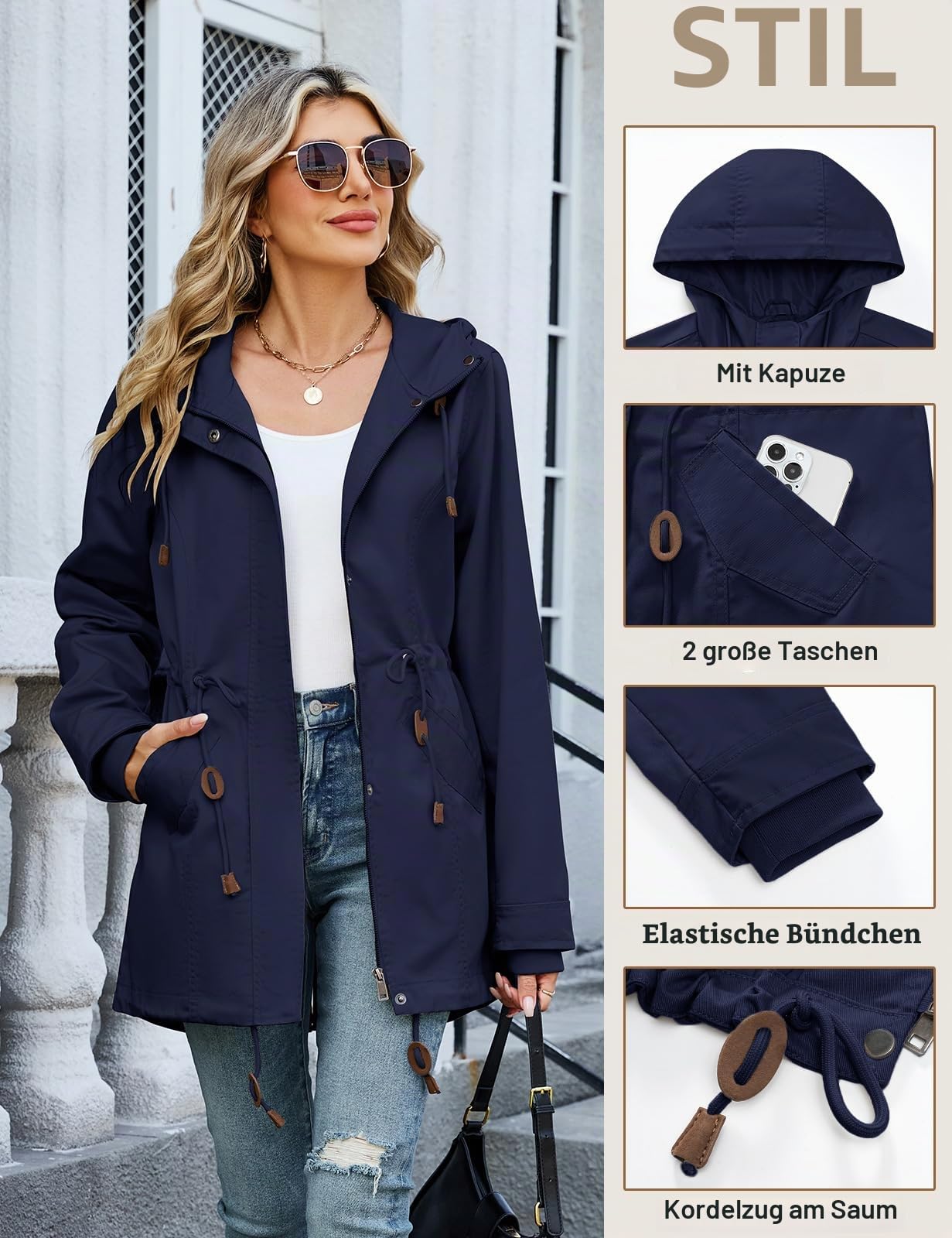 Vancavoo Übergangsjacke Damen Leichte Herbstjacke mit Kapuze | Frühjahrsjacke mit Kordelzug, Reißverschluss, Rippbündchen und Taschen für Frühling und Herbst