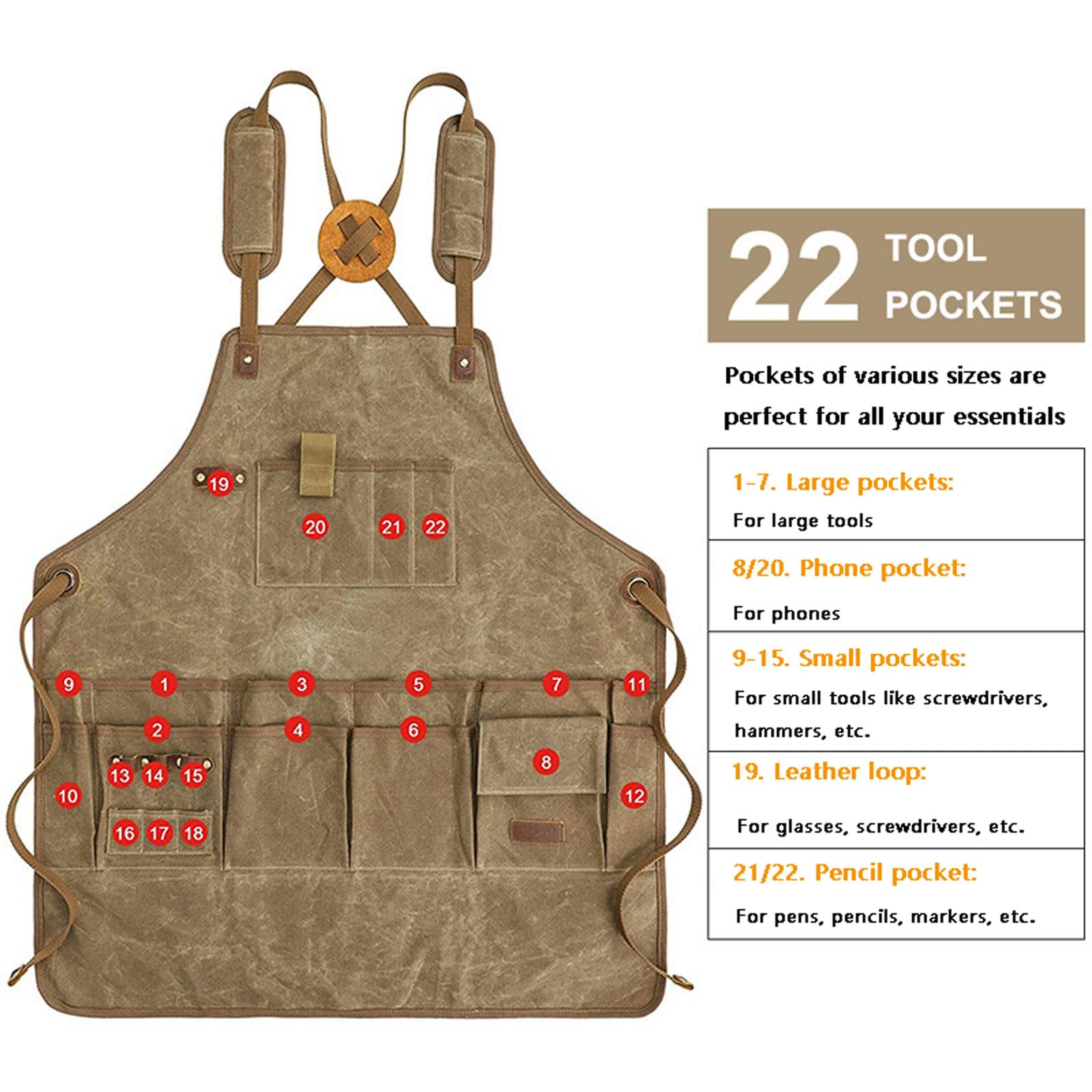 Garden Apron per Uomo e Donna,Grembiule da Lavoro con 22 Tasca,Fibbia Regolabile Grembiule da Esterno,Tela Spessa Impermeabile,per Raccolta frutteto per la Lavorazione del Legno,Cachi