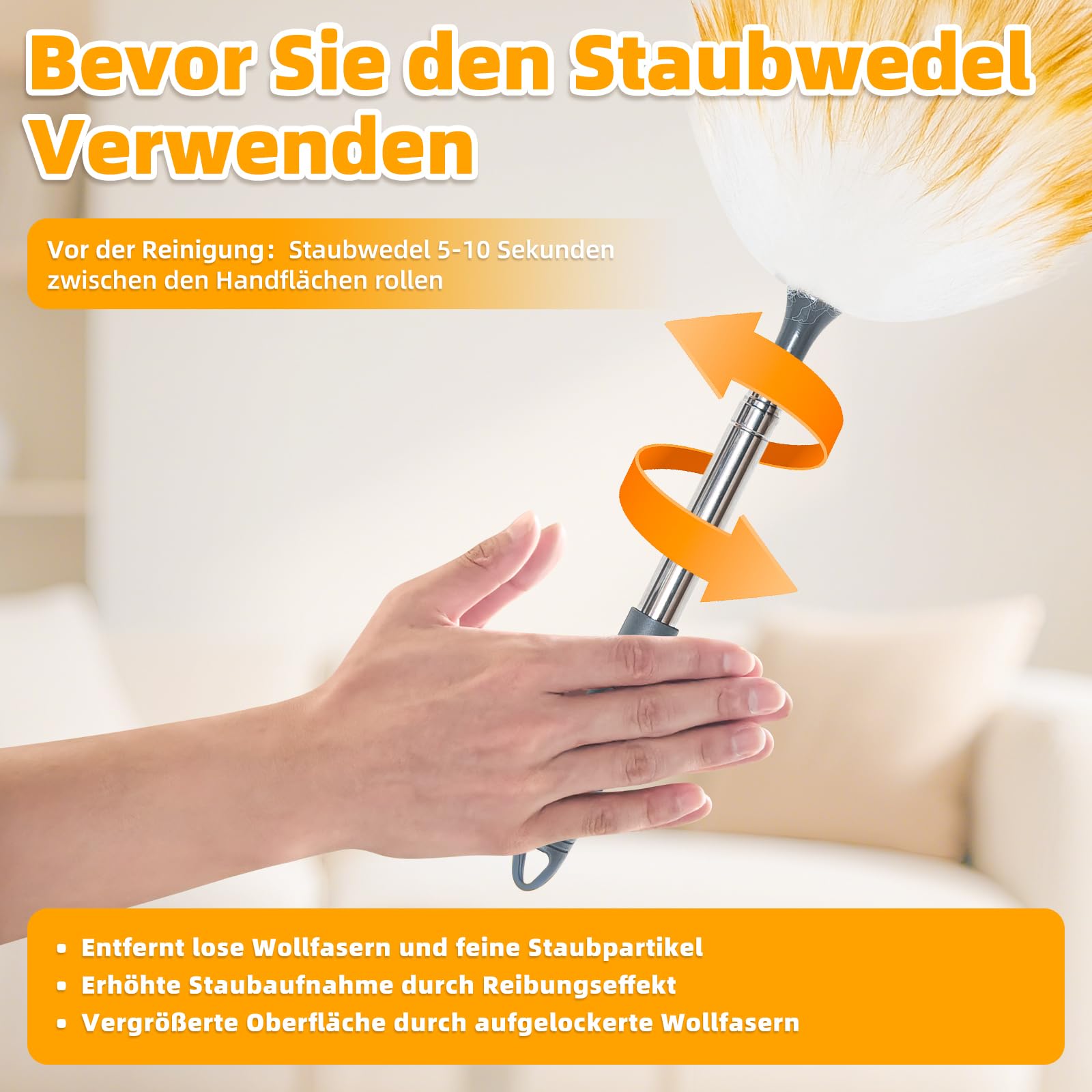 Loveco Staubwedel, Hochwertiger Lammwolle Staubwedel Teleskop Waschbar, Ausziehbar bis ca. 130 cm – Elektrostatische Staubaufnahme für Decken & empfindliche Oberflächen, kratzfreies Entstauben