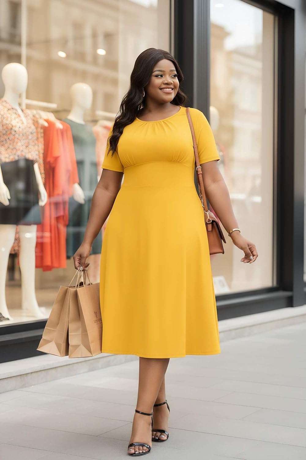 CLOCOR Plus Size Midi Dress for Women, Church Casual Cocktail Front Pleated Neck Short Sleeve A-Line Dresses with Pockets
