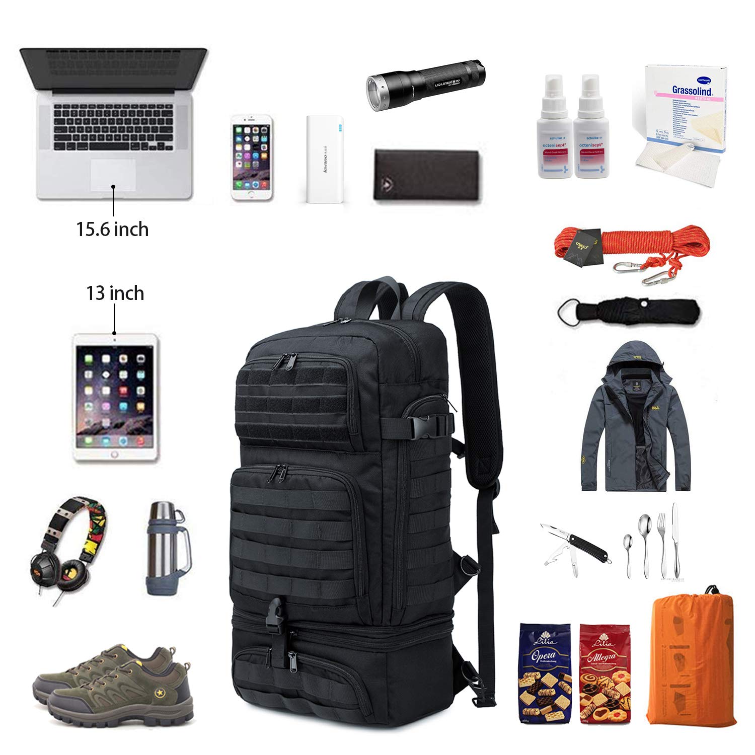 BERTASCHE Plecak na lunch dla mężczyzn, plecak na laptopa z izolowanym pudełkiem chłodzącym, torba robocza do biura, podróży, uni, wędrówek, taktyczny, Molle, czarny