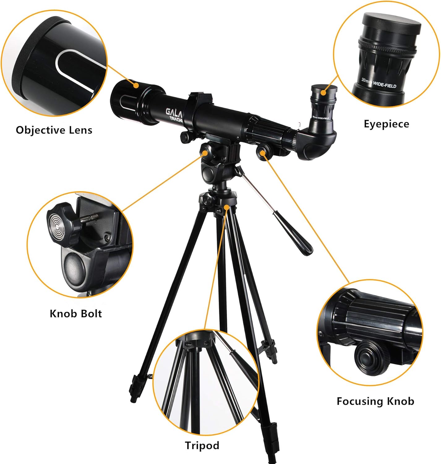 Diagram showing the main components of the telescope: Objective Lens, Eyepiece, Knob Bolt, Focusing Knob, and Tripod.