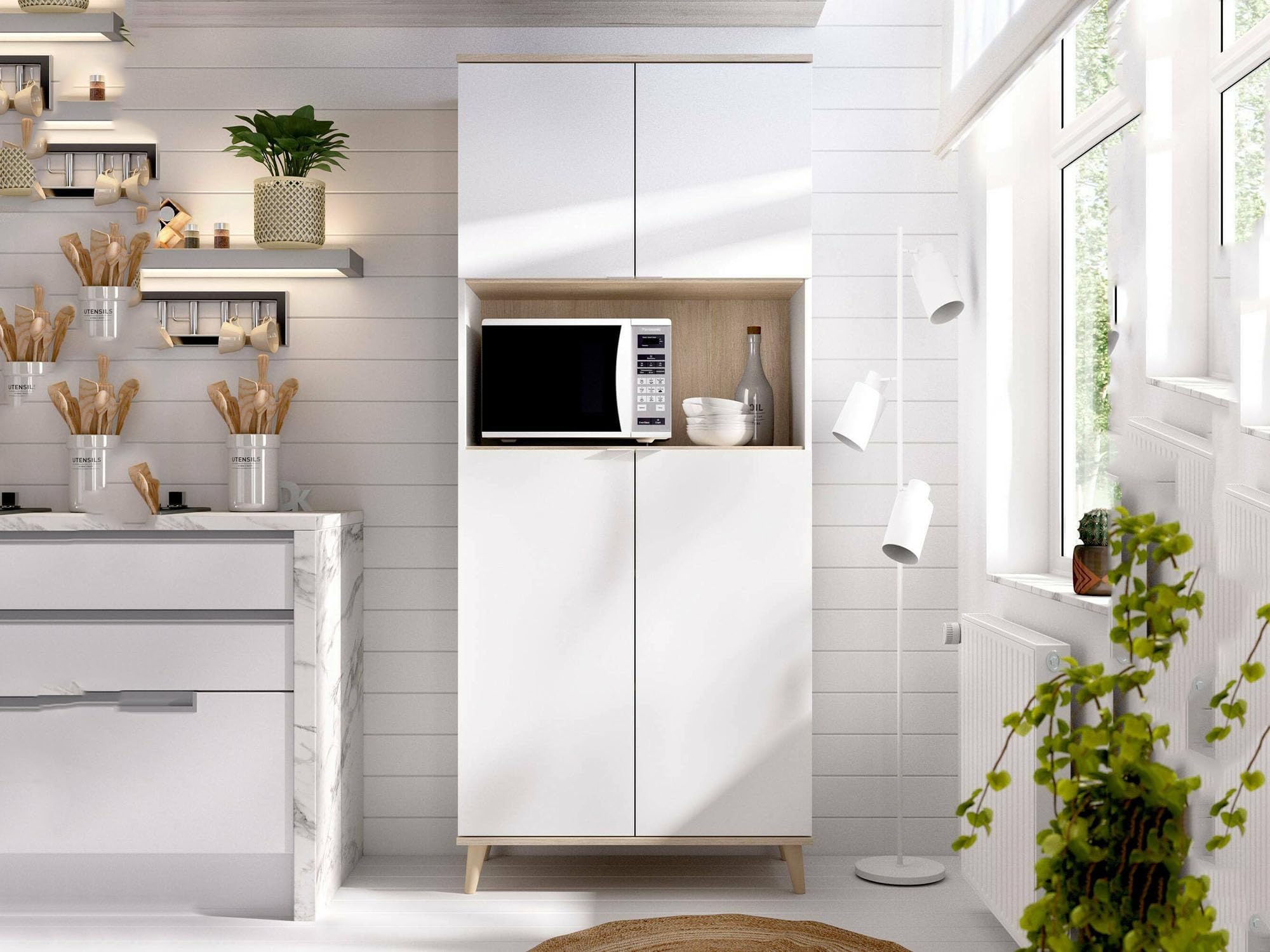 Dmora - Buffet Spino, Buffet Garde-Manger de Salon, Buffet de Salon Moderne avec 4 Portes, 80x40h191 cm, Blanc et Chêne