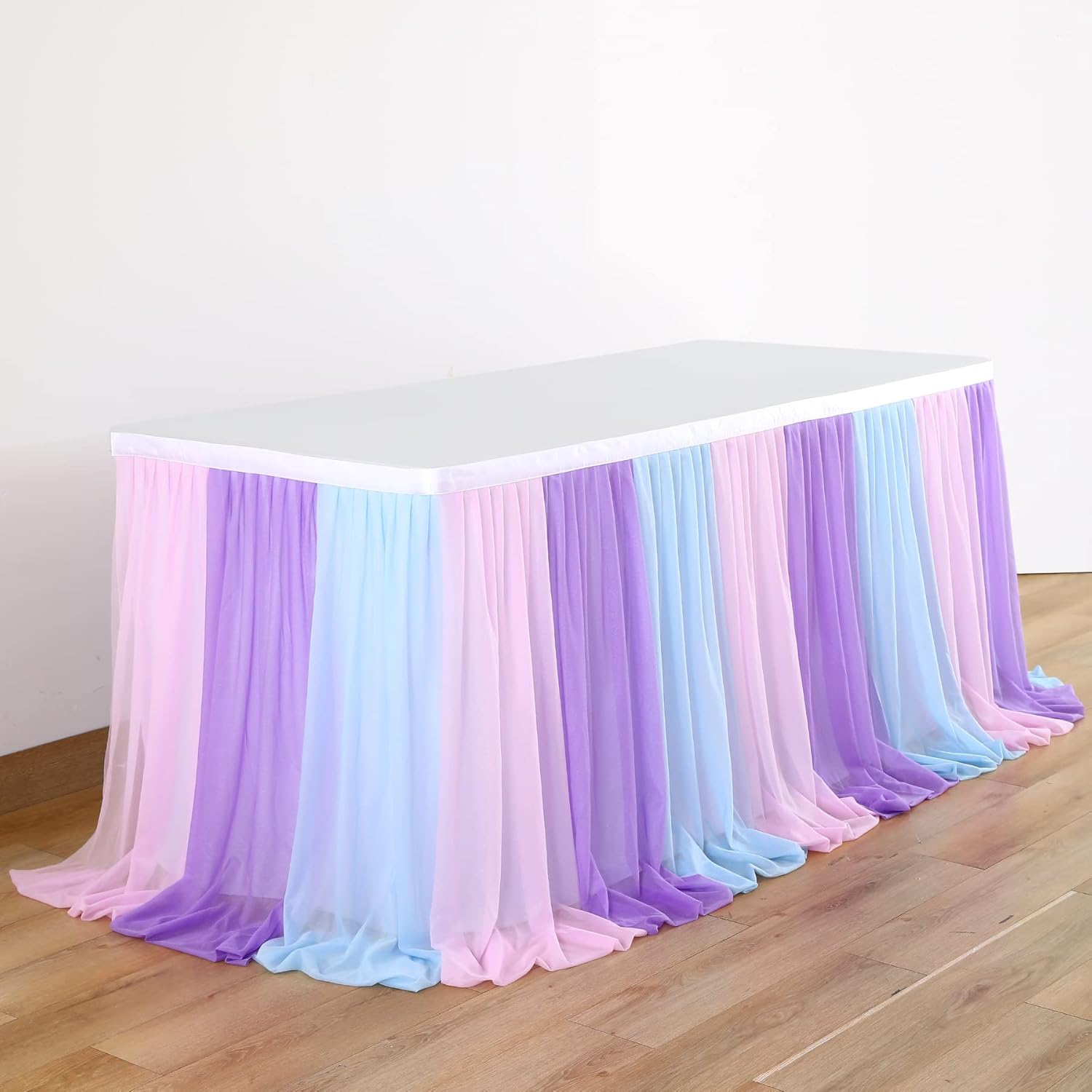 Mermaid Tulle Table Skirt Blue Pink Purple Striped Table Skirts for Rectangle Tables Frozen Baby Shower Mermaid Birthday Parties Decoration 9ft