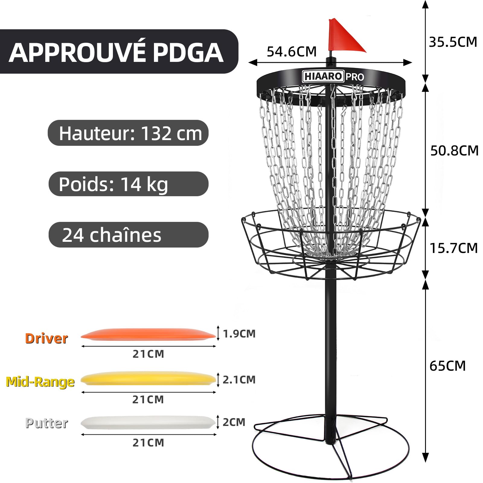 Panier de Disc Golf HIAARO Pro approuvé par la PDGA, Cible de Disc Golf Portable avec 24 chaînes Robustes, Ensemble de Panier Professionnel avec Sac de Transport et 3 disques