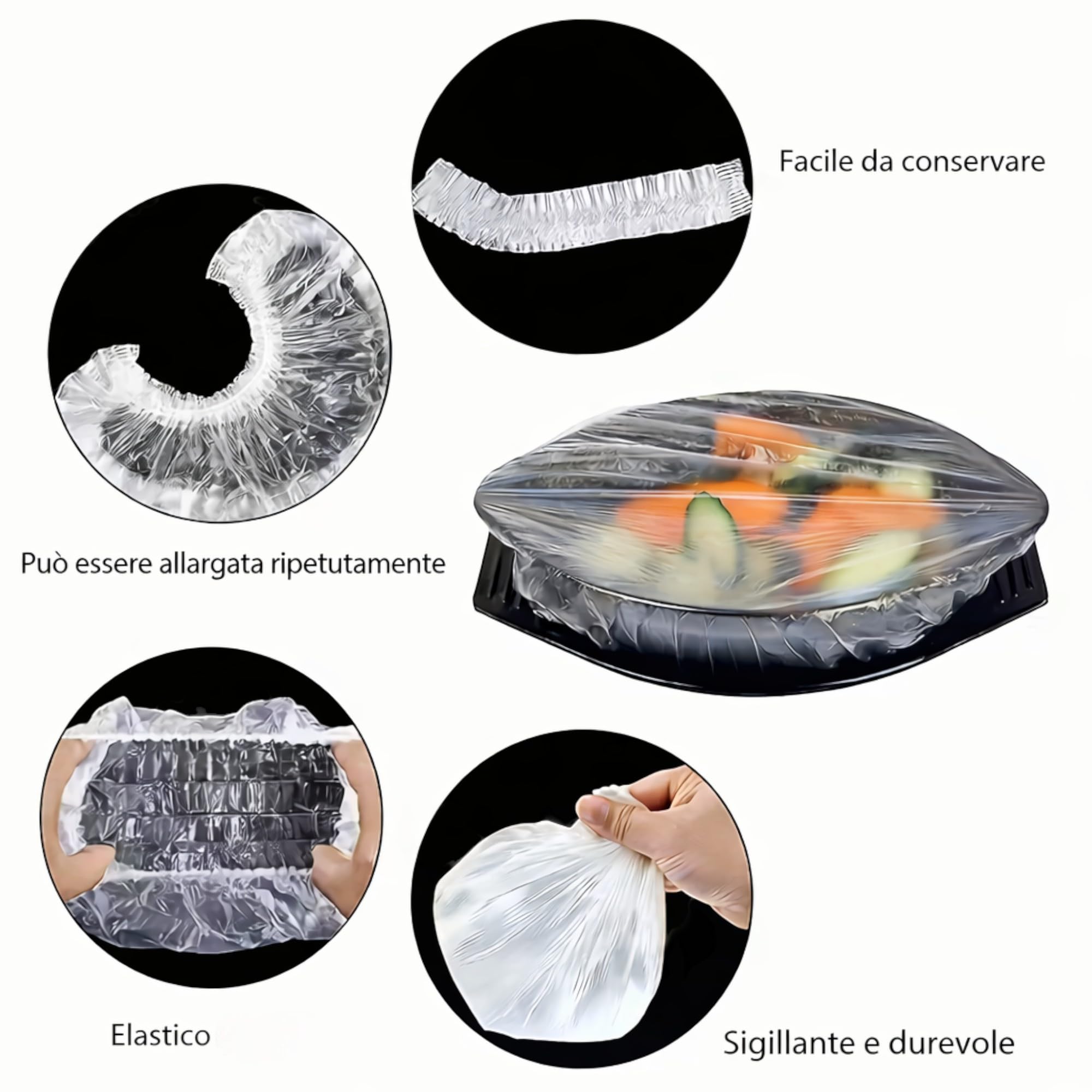 Copri Alimenti Riutilizzabili con Elastico Trasparenti Estensibili 10-25 cm per Ciotole Piatti Contenitori Conservazione Fresca