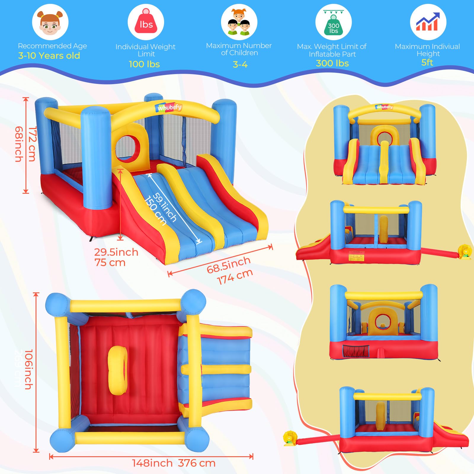 Castello gonfiabile per bambini dai 3 ai 12 anni, 3,65 x 2,75 m, per interni ed esterni, con doppio scivolo e ventola, grande castello saltatore con pneumatici centrali per il giardino