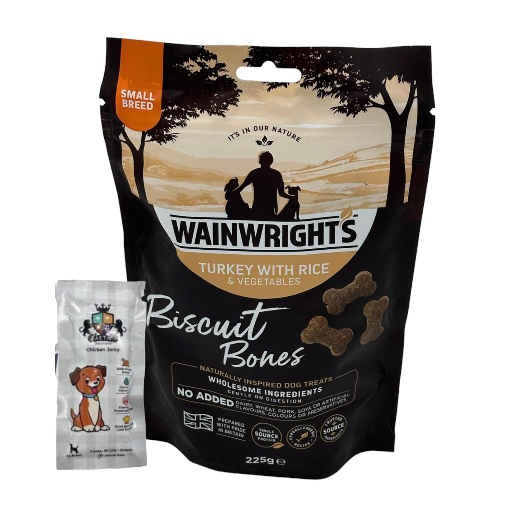 AETN Creations Wainwright's Turkey with Rice Biscuit Bones Dog Treats 225g Hypoallergenic Recipe for Small Breed Adult Dogs with AETN Jerky Treat