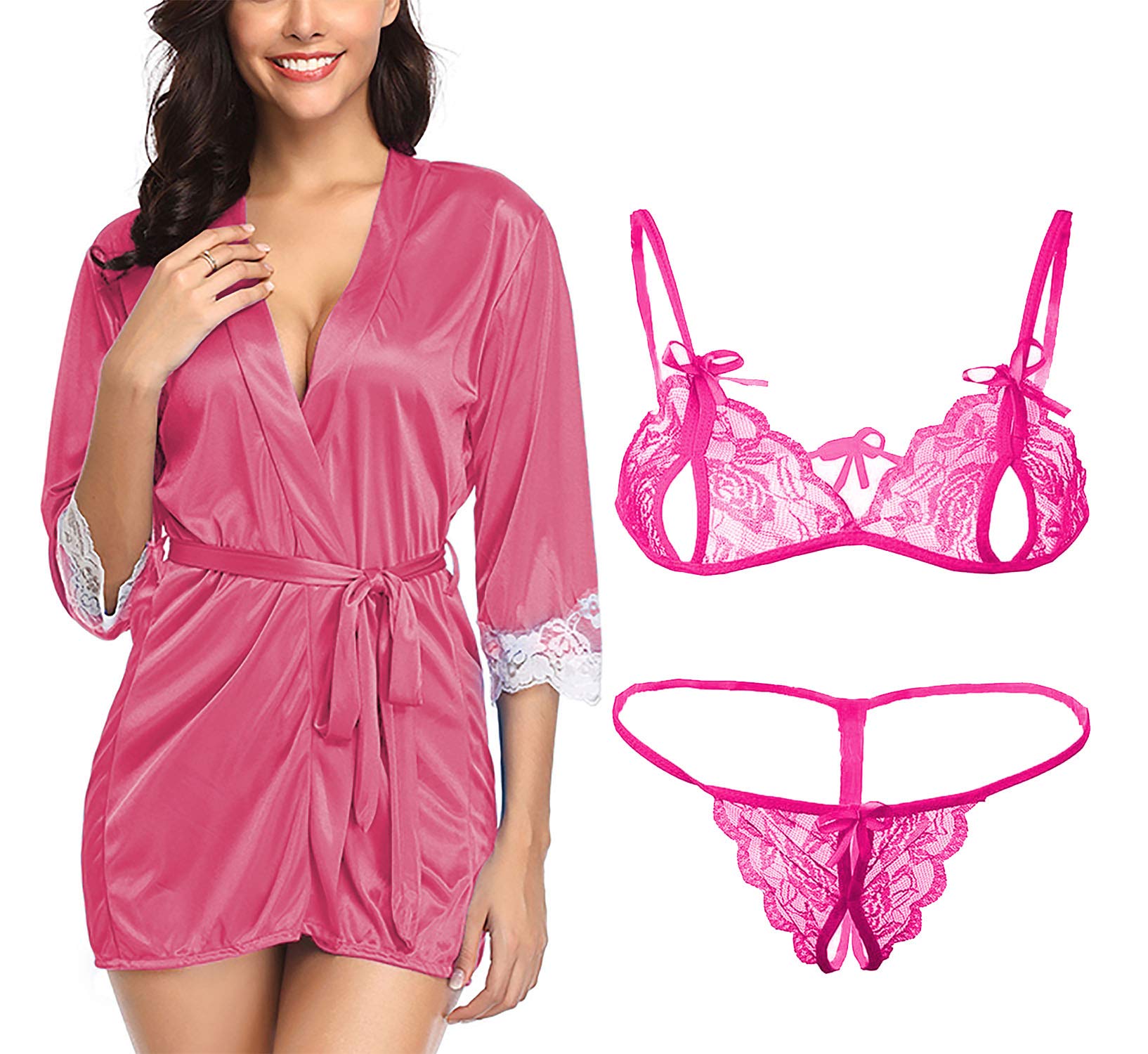 xs and os Women Satin Robe with Bikini Lace Bra Panty Lingerie Set-picture-44
