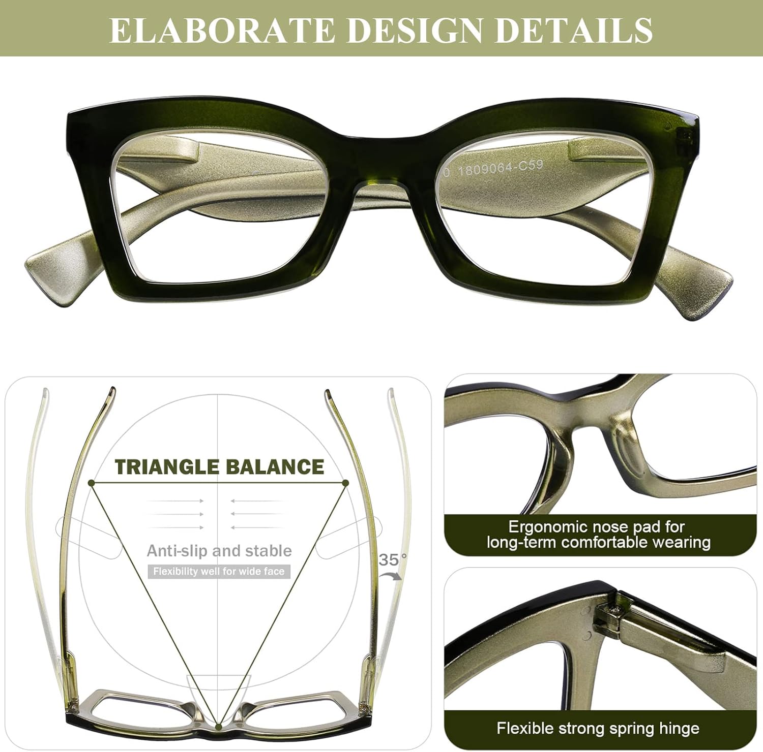 Blue Light Blocking Reading Glasses Women Computer Stylish Readers Fashion Square Design with Spring hinge,Dark Green 1.5 - Image 4