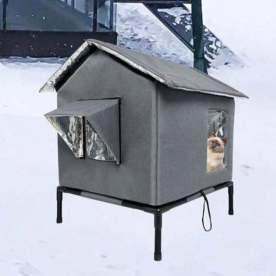 Outdoor Cat House Waterproof Cat Shelter Elevated Cat Niche Cozy Cushion Oxford Aluminum Materials Suitable for Porch Balcony, Dark Grey, L