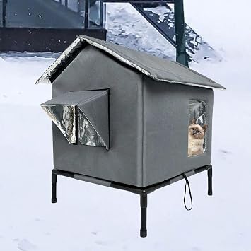 Outdoor Cat House Waterproof Cat Shelter Elevated Cat Niche Cozy Cushion Oxford Aluminum Materials Suitable for Porch Balcony, Dark Grey, L